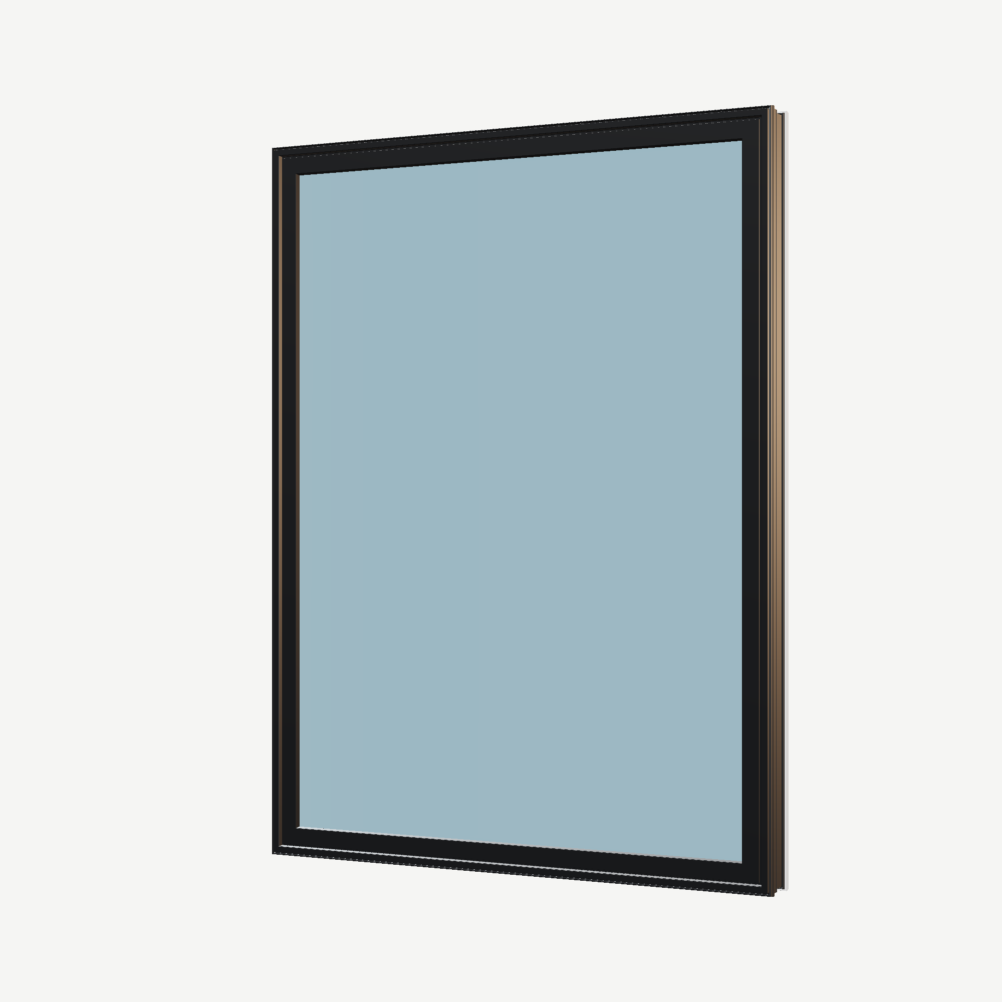 Angled exterior view of the 36 × 48 inch picture window, black exterior / white interior, without nailing flange