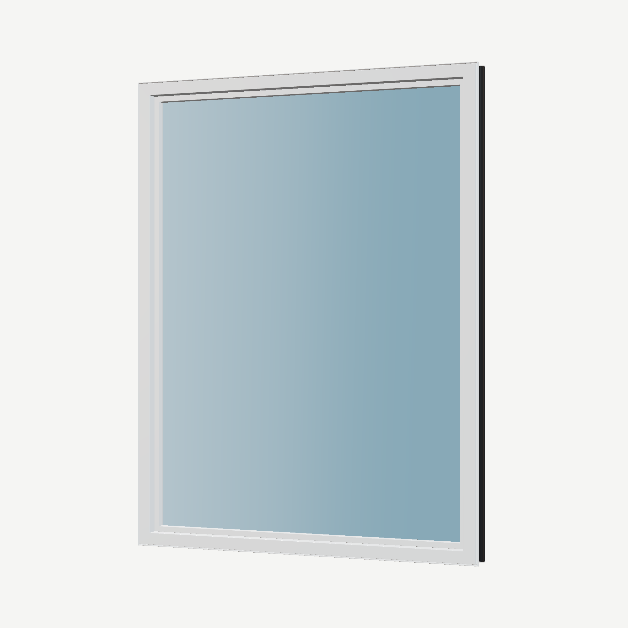 Angled interior view of the 36 × 48 inch picture window, black exterior / white interior, without nailing flange