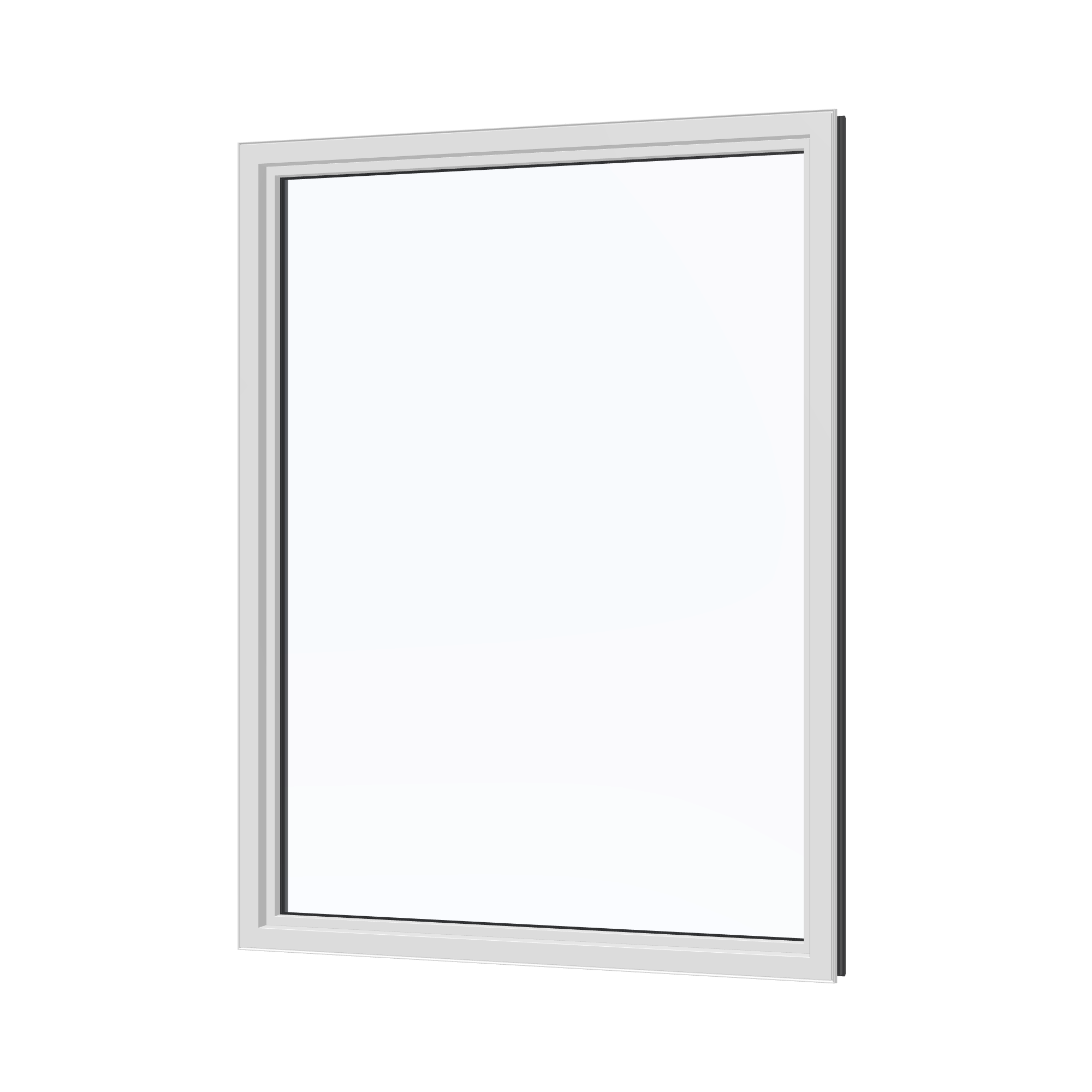 Angled interior view of the 36 × 48 inch picture window, black exterior / white interior, without nailing flange