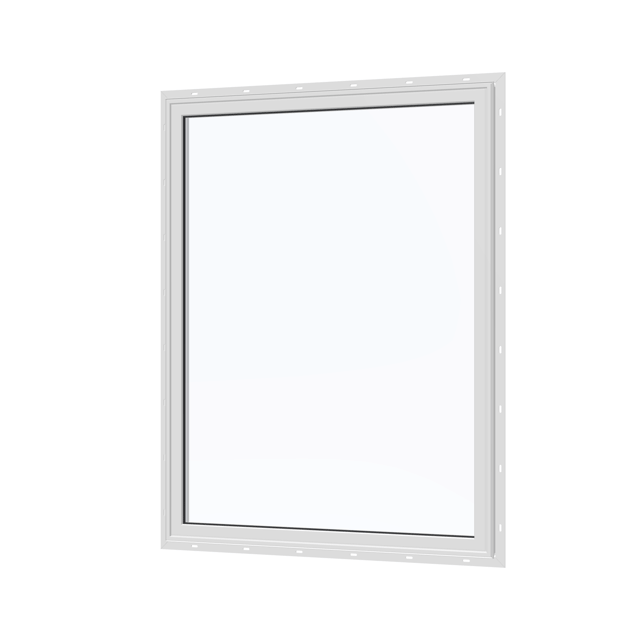 Angled exterior view of the 36 × 48 inch picture window, white exterior / white interior, with nailing flange