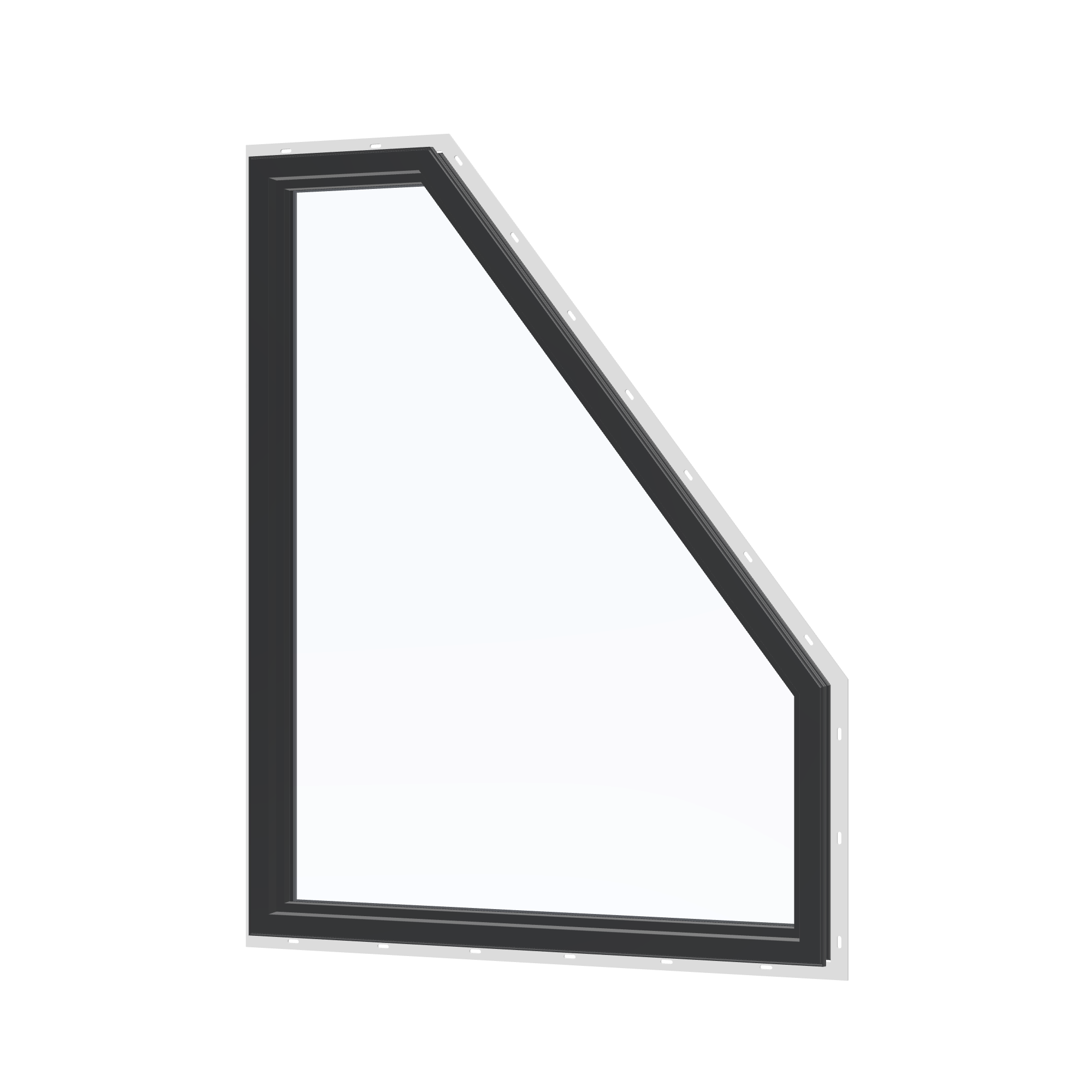 Angled interior view of the 36 × 48 inch polygon (left), black exterior / black interior, with nailing flange