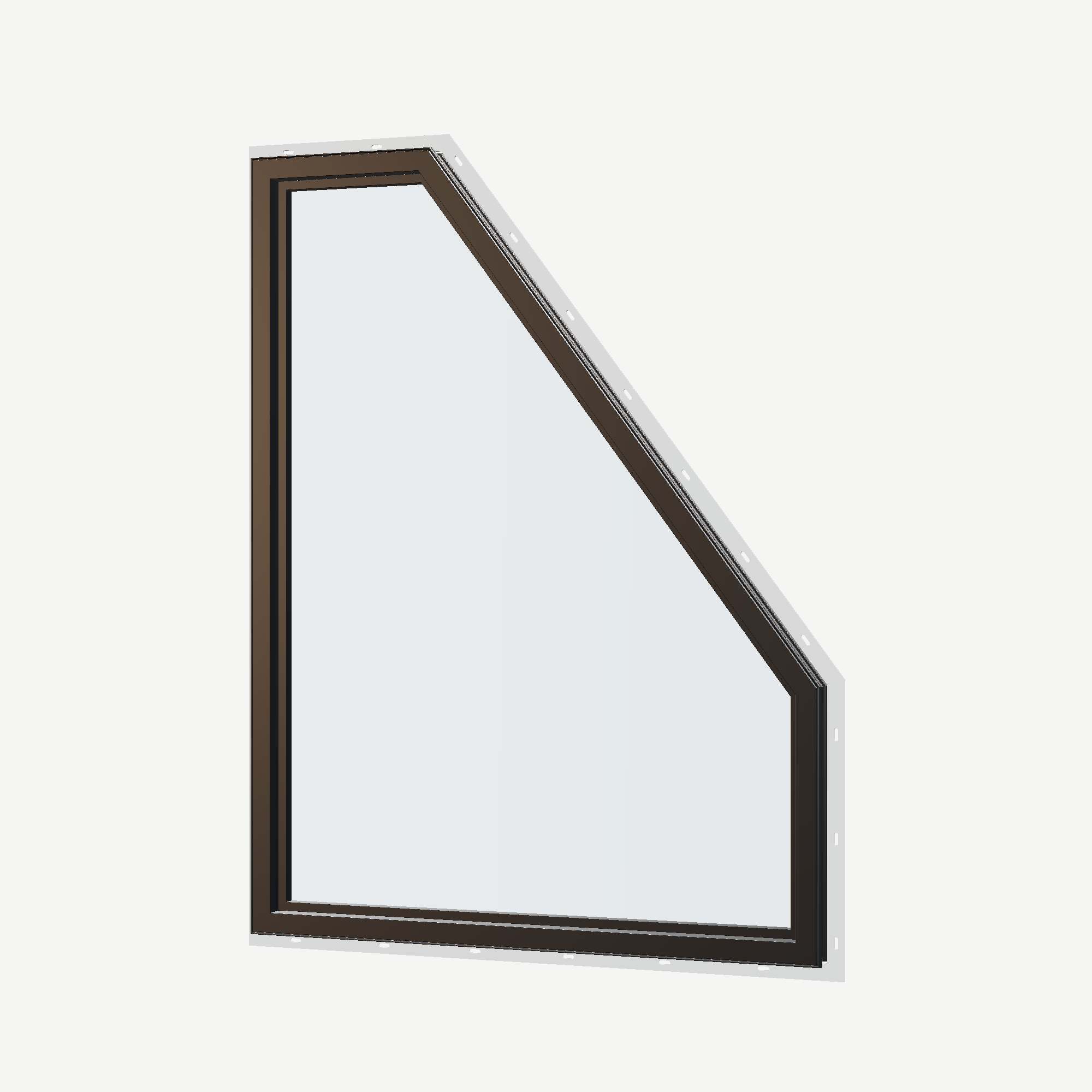 Angled interior view of the 36 × 48 inch polygon (left), black exterior / black interior, with nailing flange