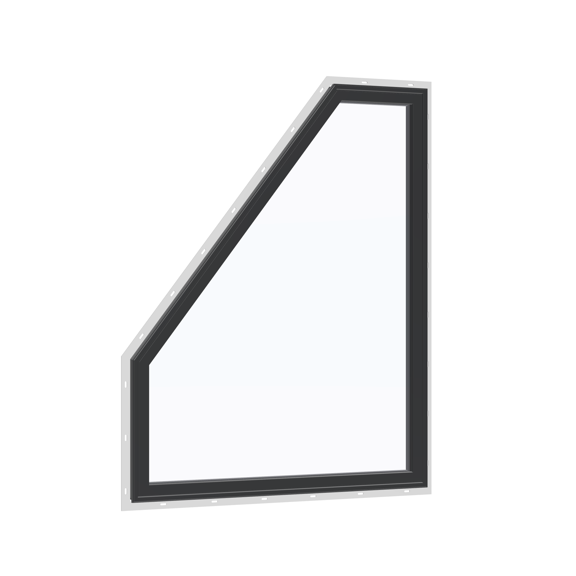 Opposite exterior angle of the 36 × 48 inch polygon (left), black exterior / black interior, with nailing flange