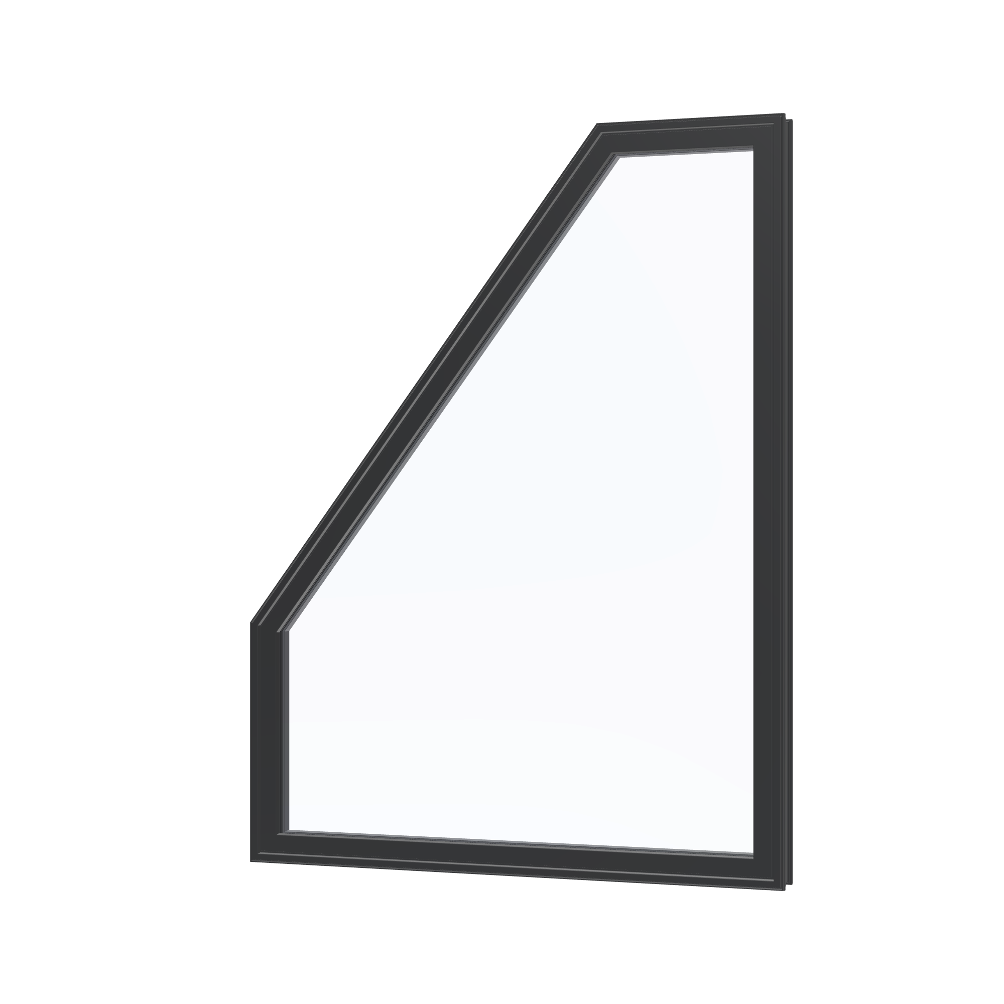 Angled exterior view of the 36 × 48 inch polygon (left), black exterior / black interior, without nailing flange