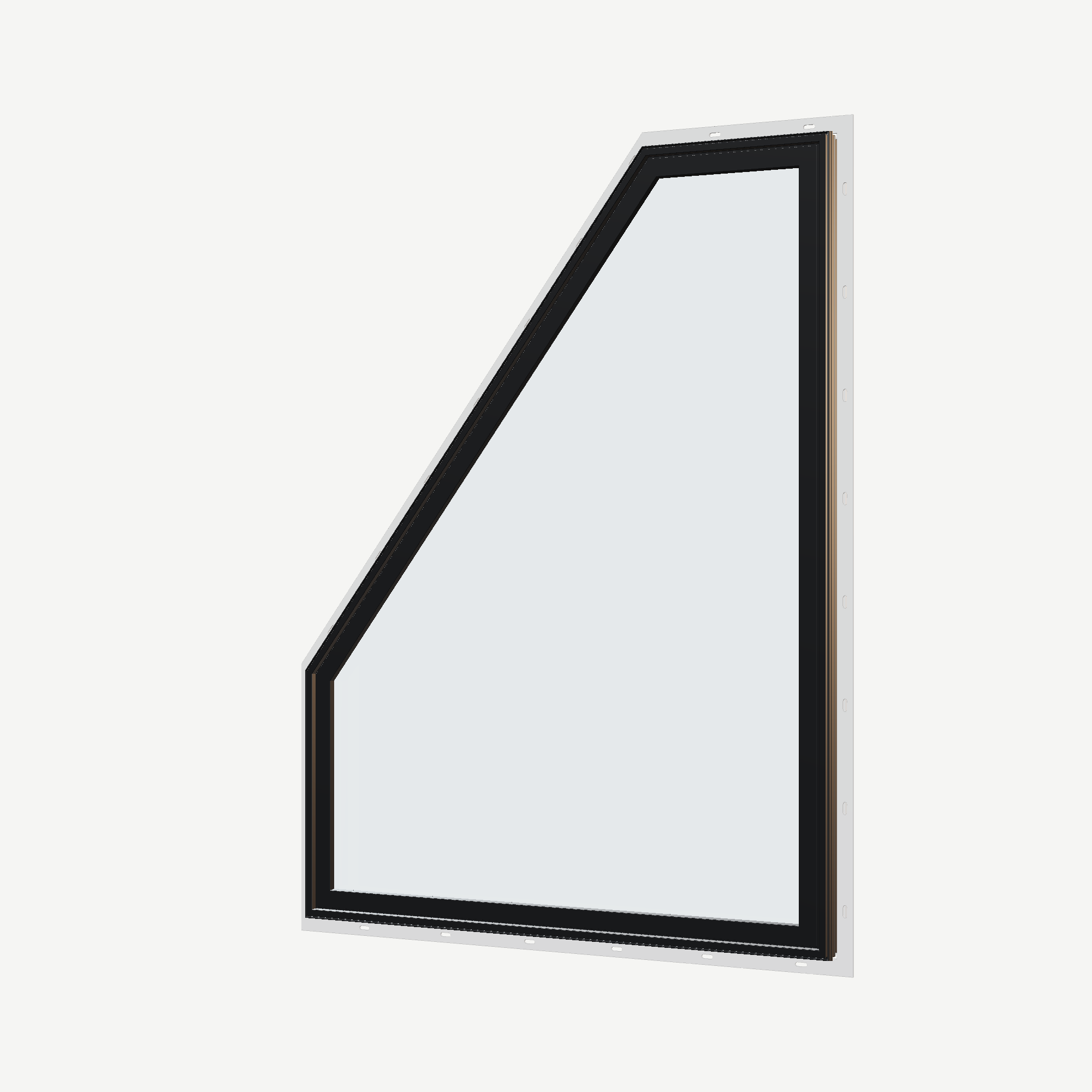 Angled exterior view of the 36 × 48 inch polygon (left), black exterior / white interior, with nailing flange