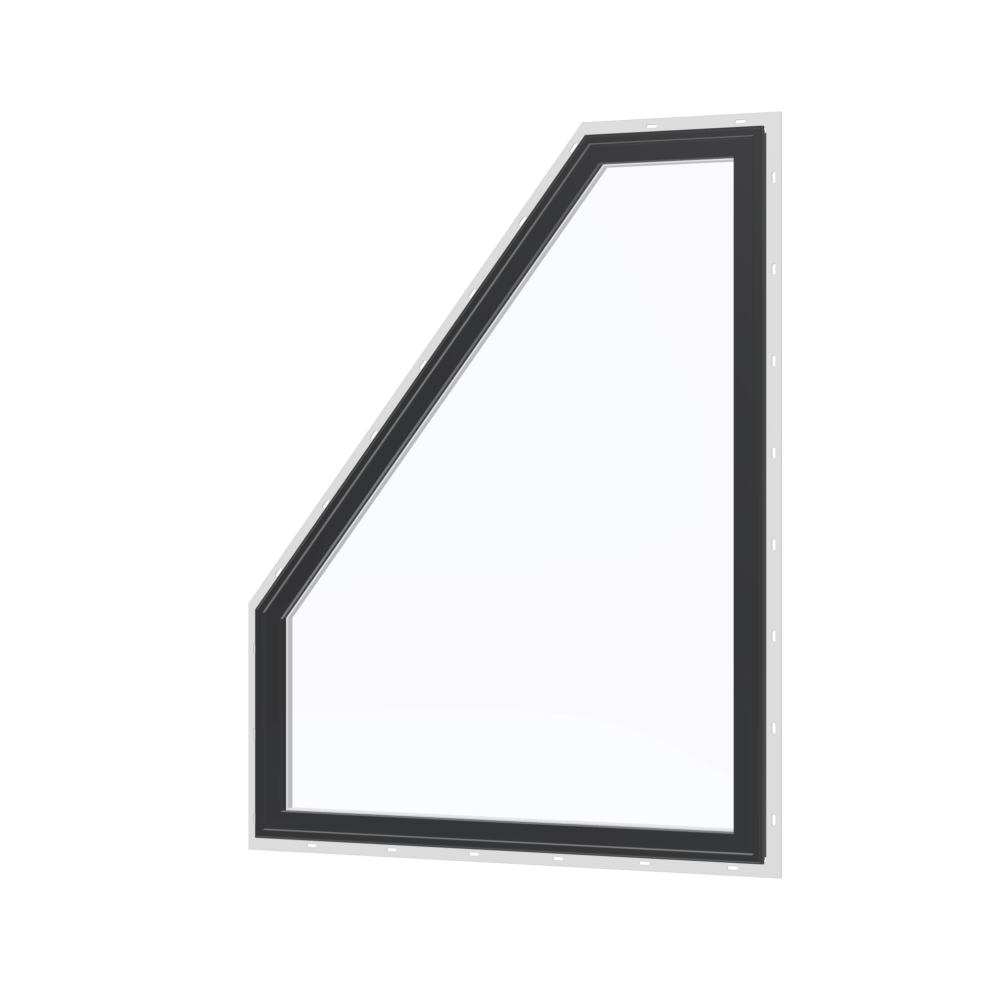 Angled exterior view of the 36 × 48 inch polygon (left), black exterior / white interior, with nailing flange