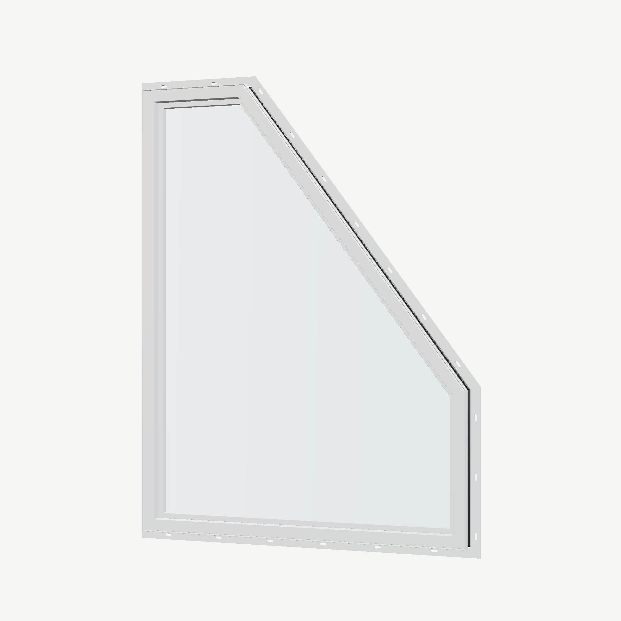 Angled interior view of the 36 × 48 inch polygon (left), black exterior / white interior, with nailing flange