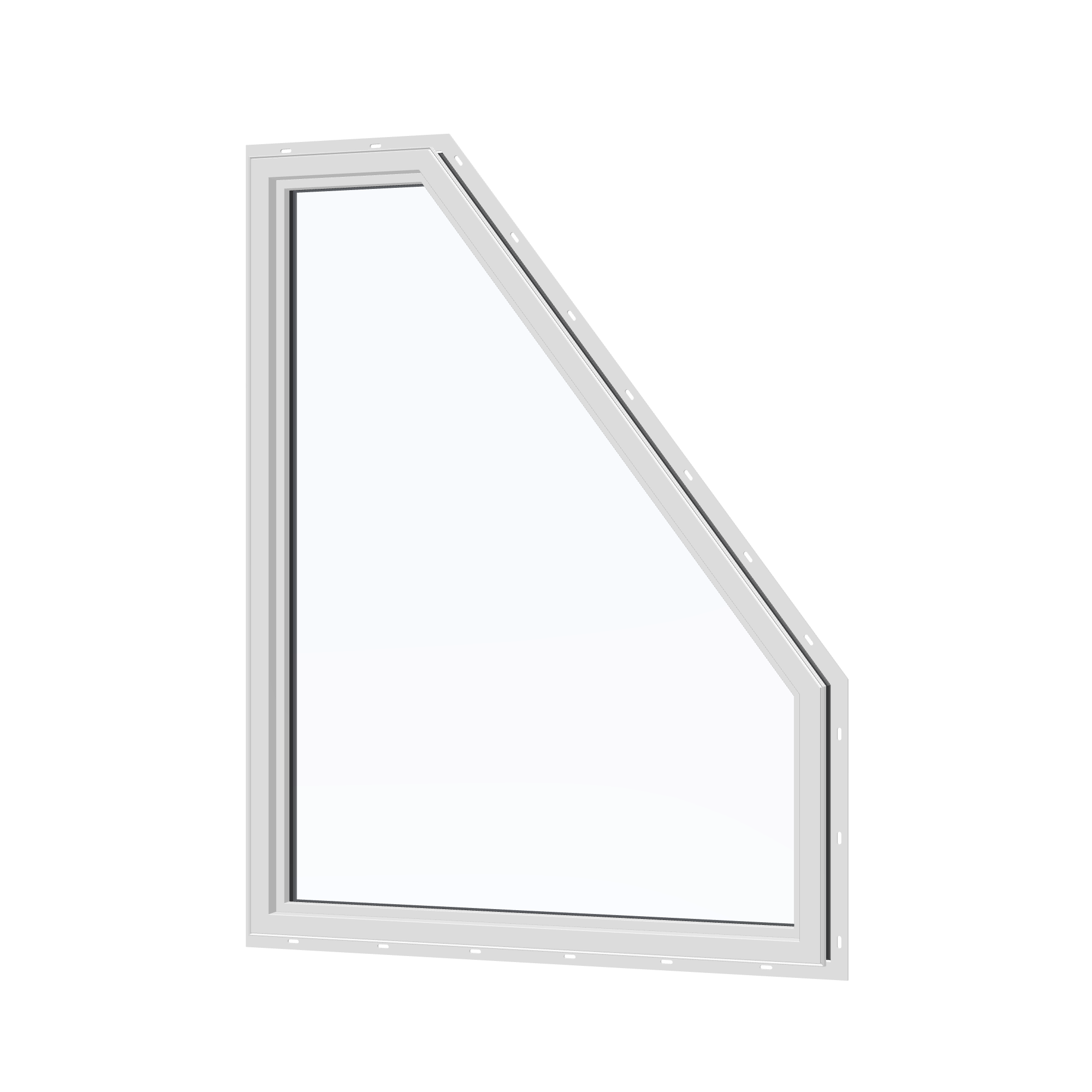 Angled interior view of the 36 × 48 inch polygon (left), black exterior / white interior, with nailing flange