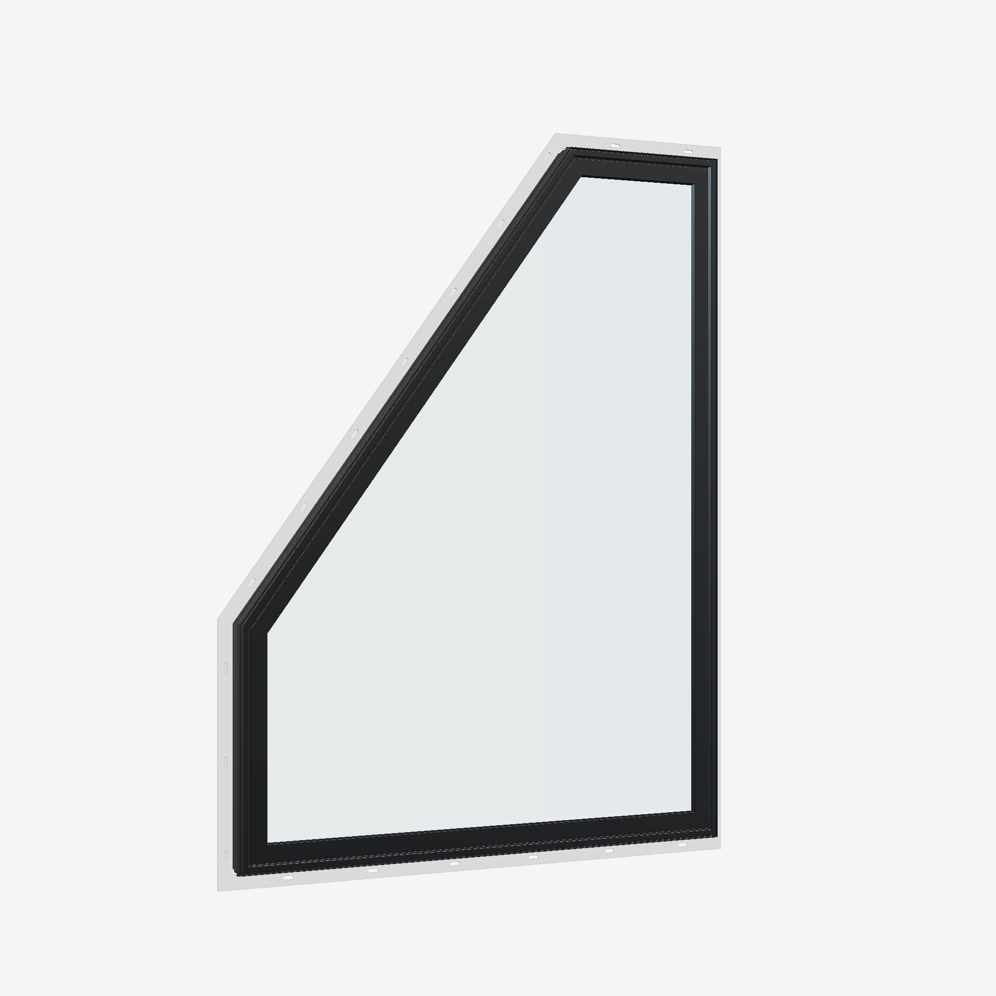 Opposite exterior angle of the 36 × 48 inch polygon (left), black exterior / white interior, with nailing flange