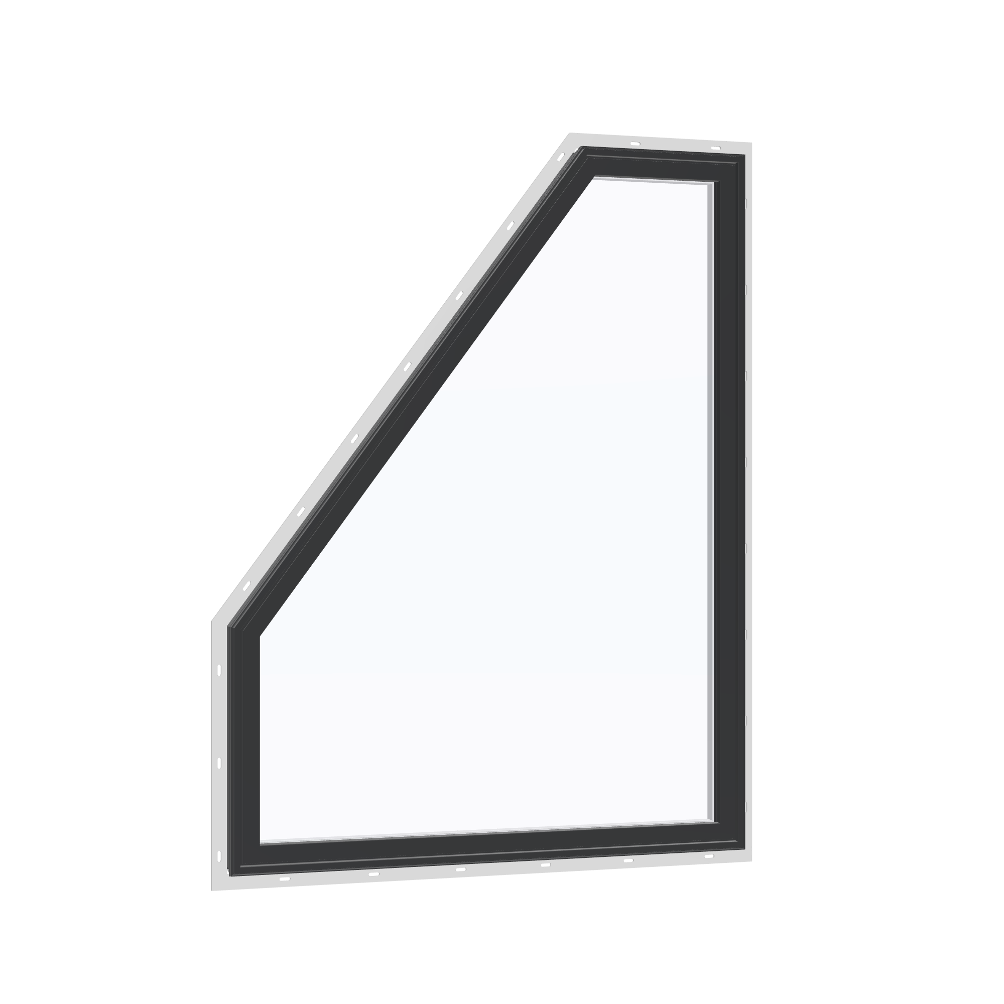 Opposite exterior angle of the 36 × 48 inch polygon (left), black exterior / white interior, with nailing flange