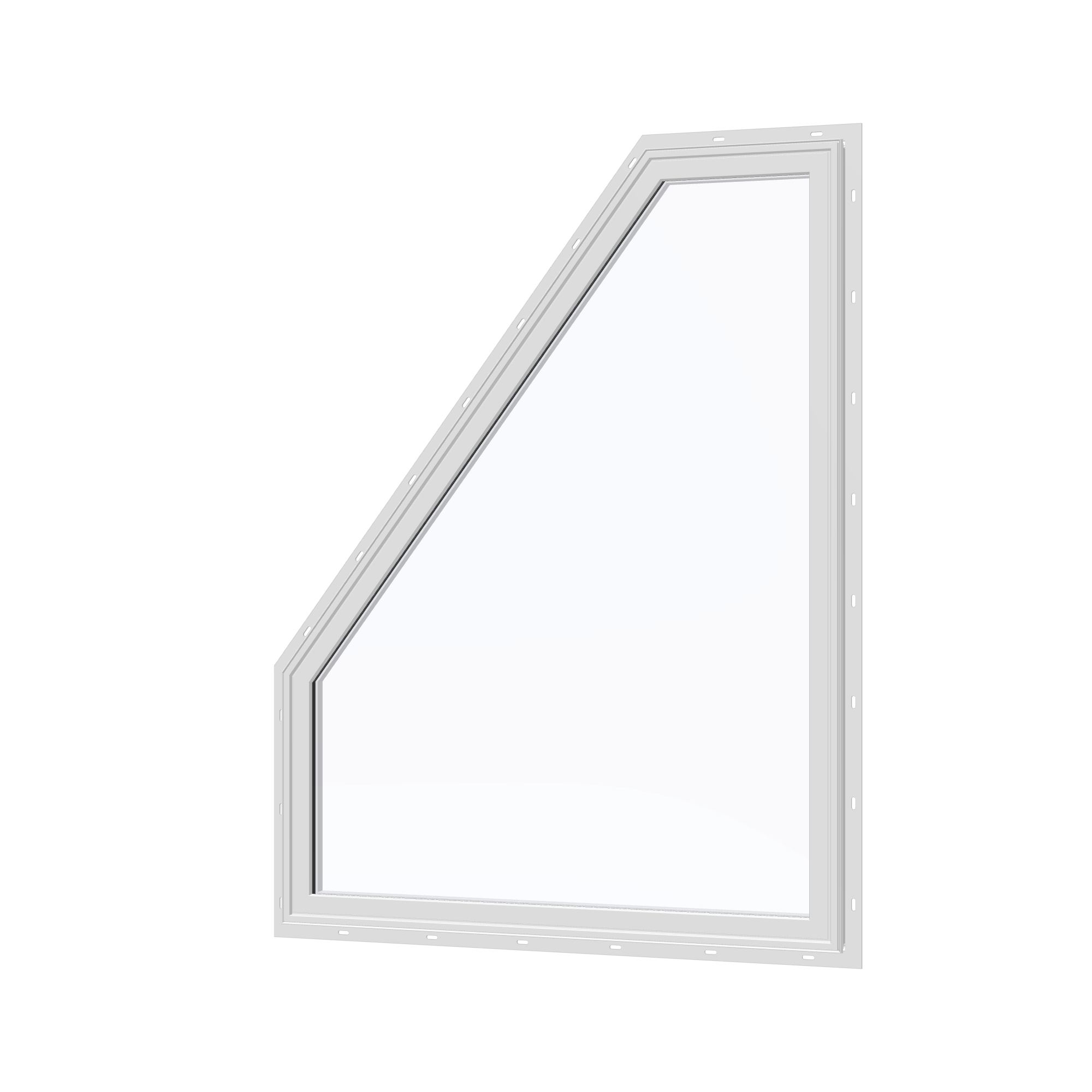 Angled exterior view of the 36 × 48 inch polygon (left), white exterior / white interior, with nailing flange