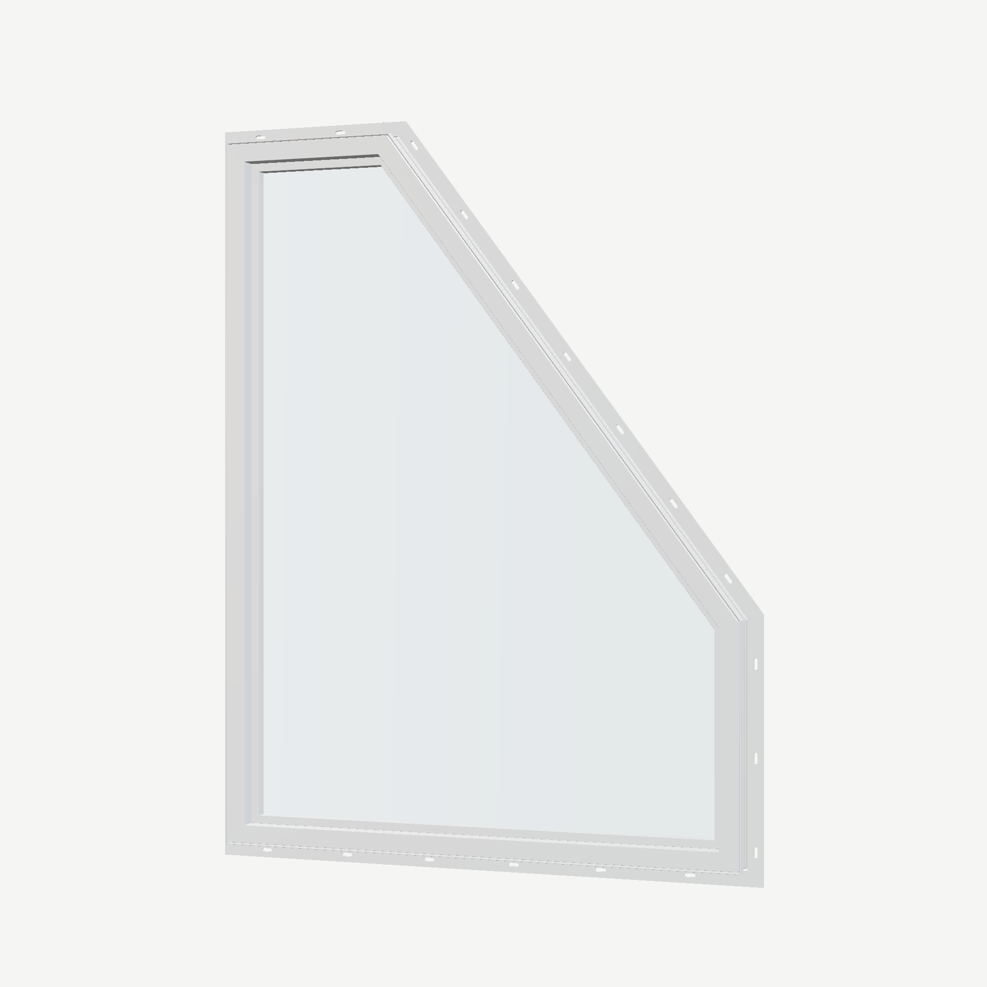 Angled interior view of the 36 × 48 inch polygon (left), white exterior / white interior, with nailing flange