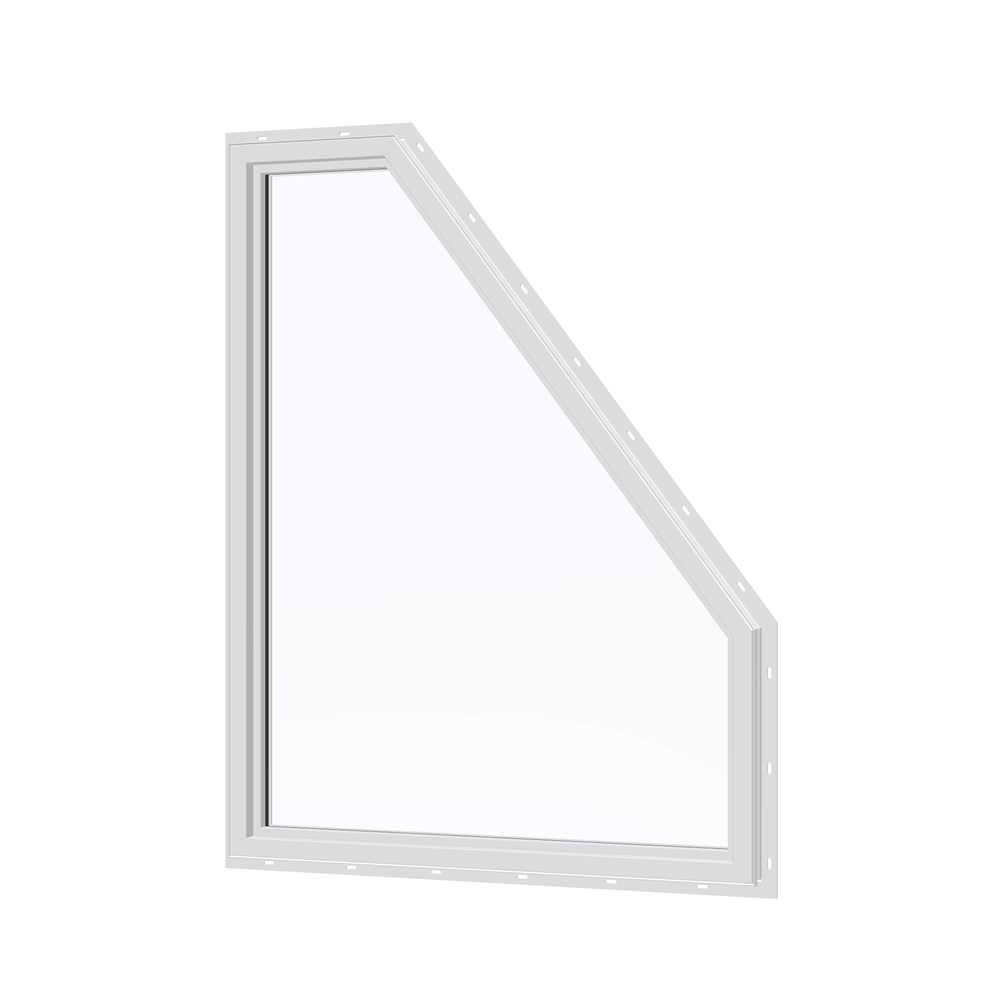Angled interior view of the 36 × 48 inch polygon (left), white exterior / white interior, with nailing flange
