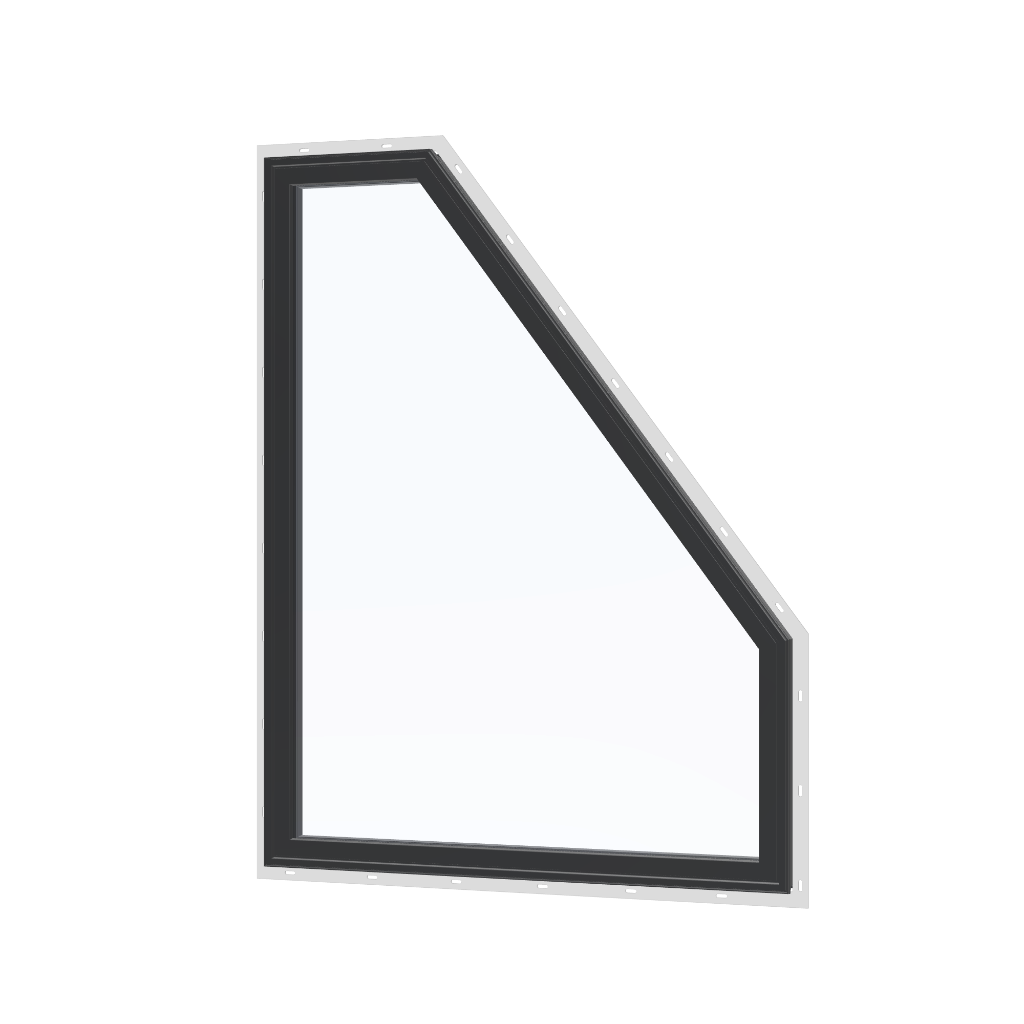 Angled exterior view of the 36 × 48 inch polygon (right), black exterior / black interior, with nailing flange