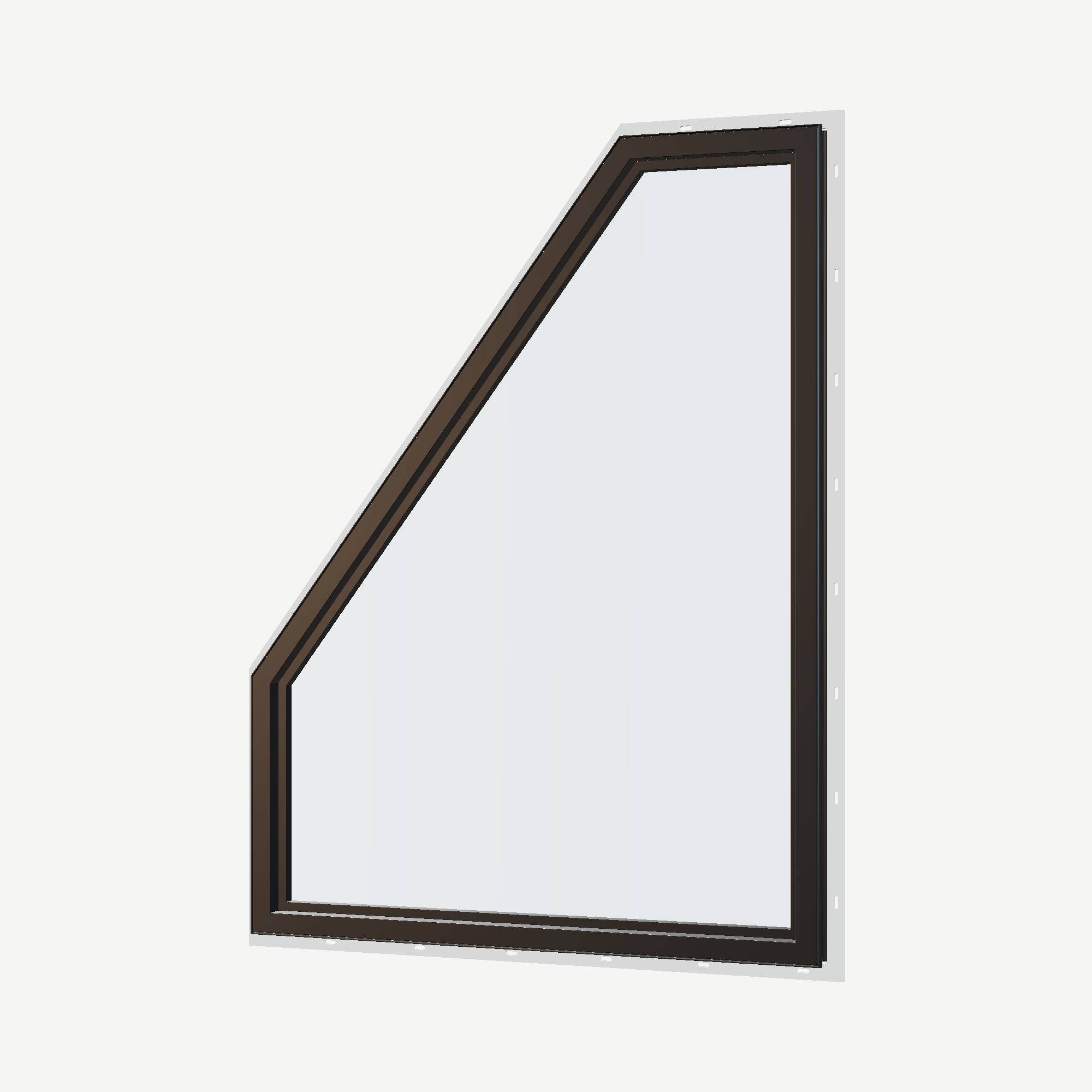 Angled interior view of the 36 × 48 inch polygon (right), black exterior / black interior, with nailing flange