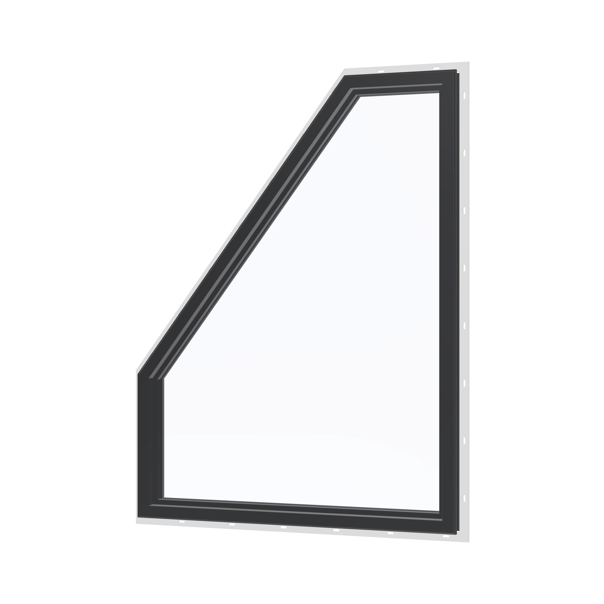 Angled interior view of the 36 × 48 inch polygon (right), black exterior / black interior, with nailing flange