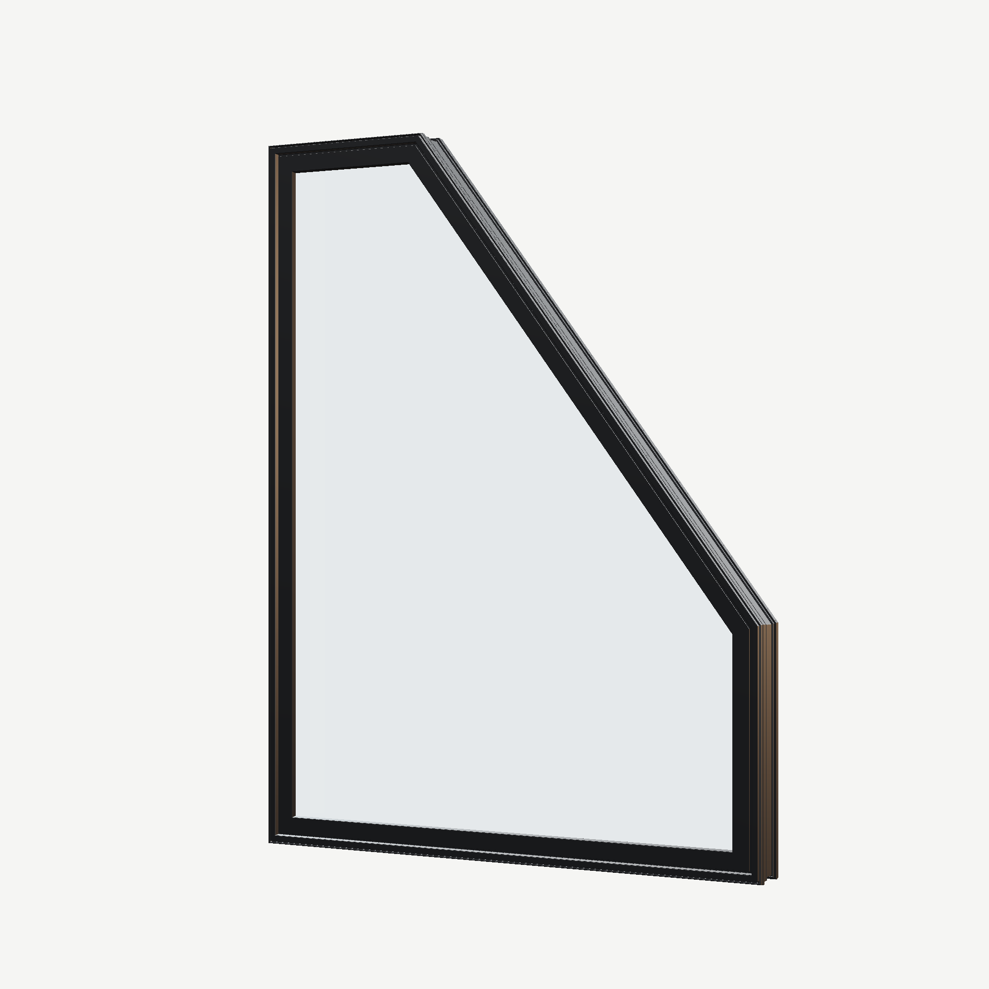 Angled exterior view of the 36 × 48 inch polygon (right), black exterior / black interior, without nailing flange