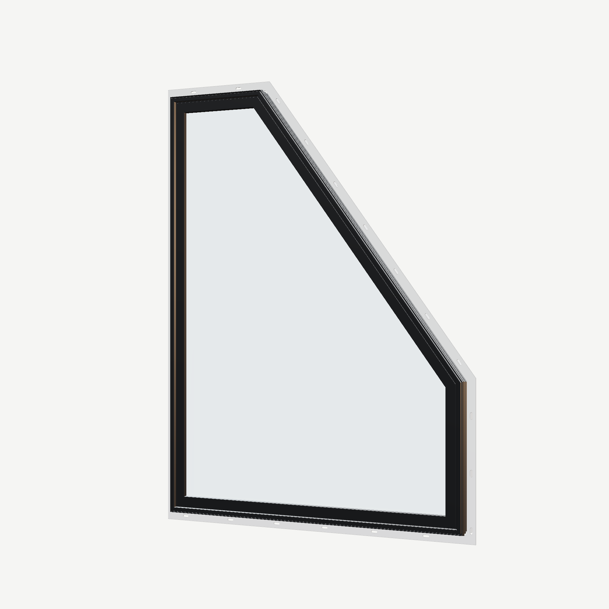 Angled exterior view of the 36 × 48 inch polygon (right), black exterior / white interior, with nailing flange