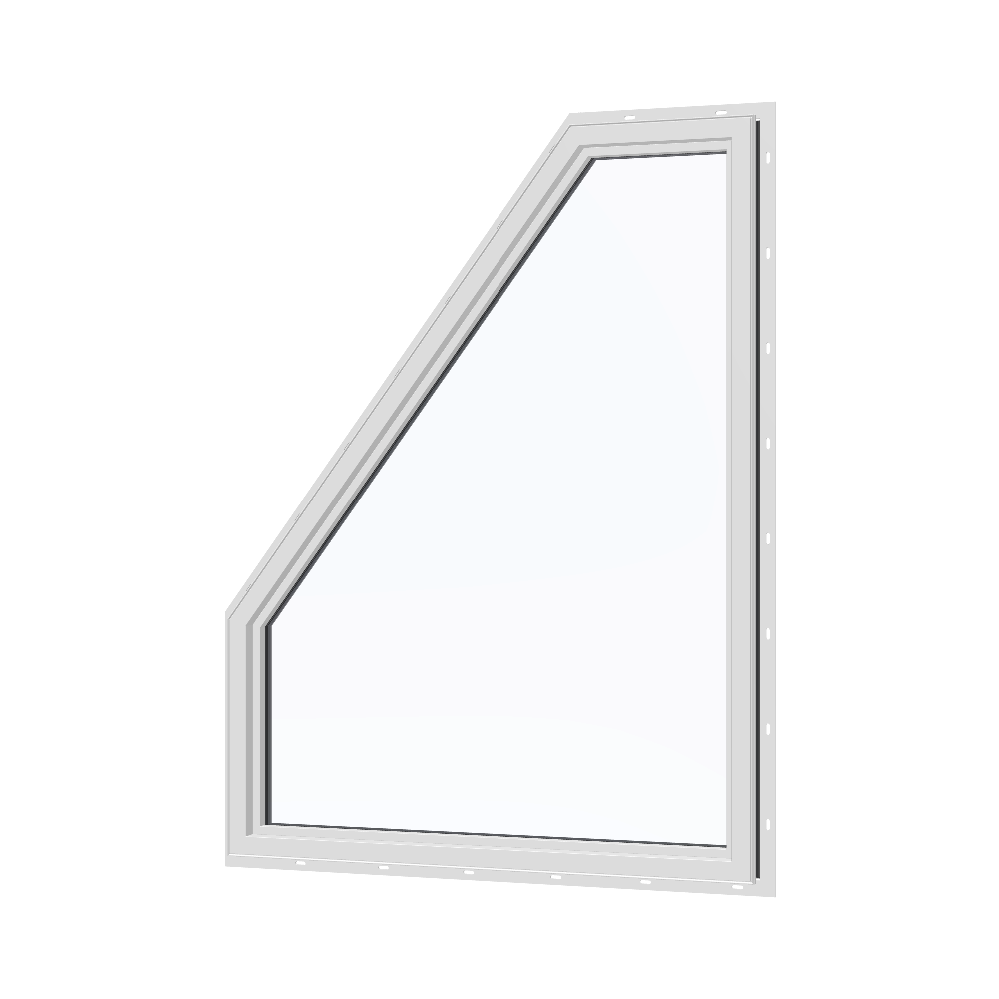 Angled interior view of the 36 × 48 inch polygon (right), black exterior / white interior, with nailing flange