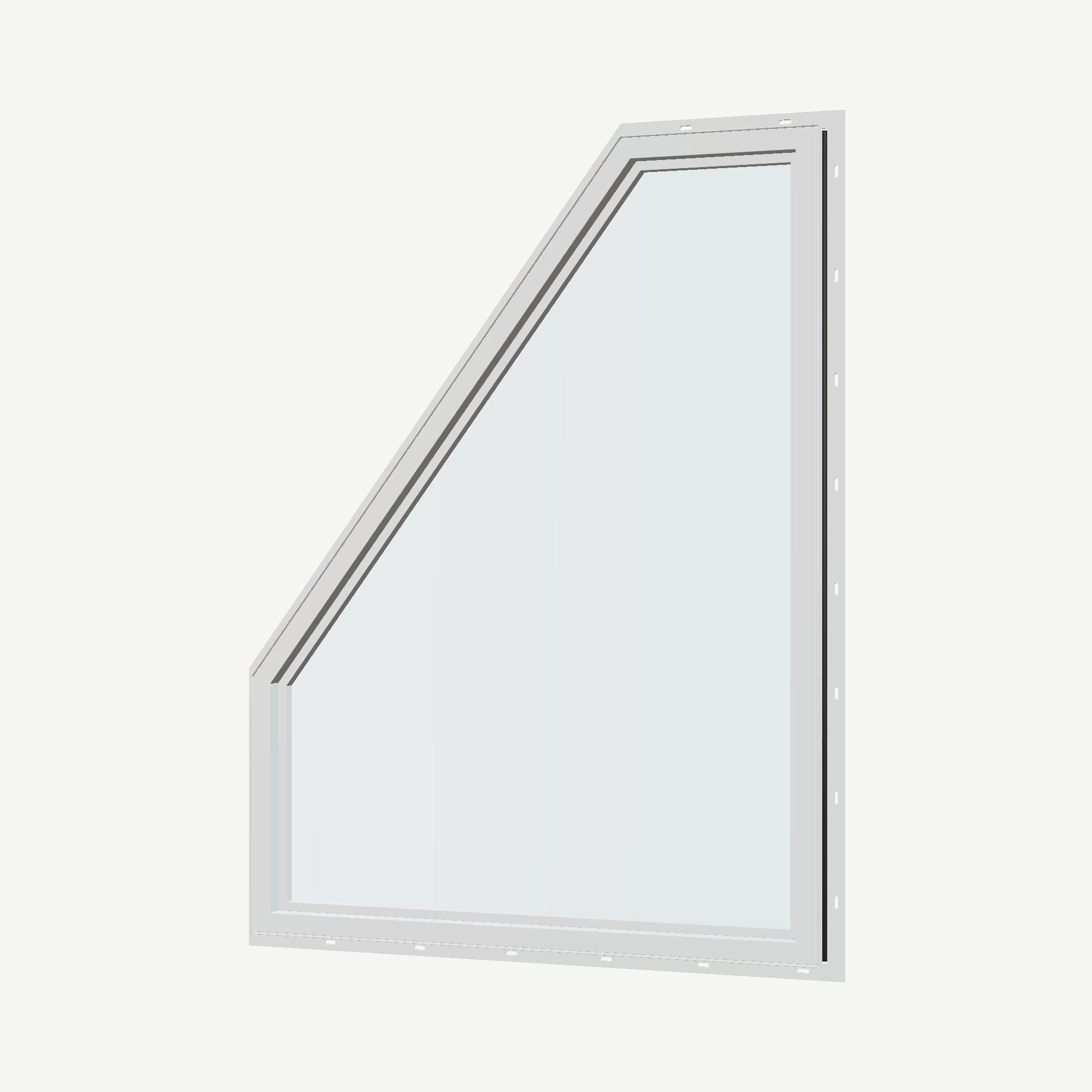Angled interior view of the 36 × 48 inch polygon (right), black exterior / white interior, with nailing flange