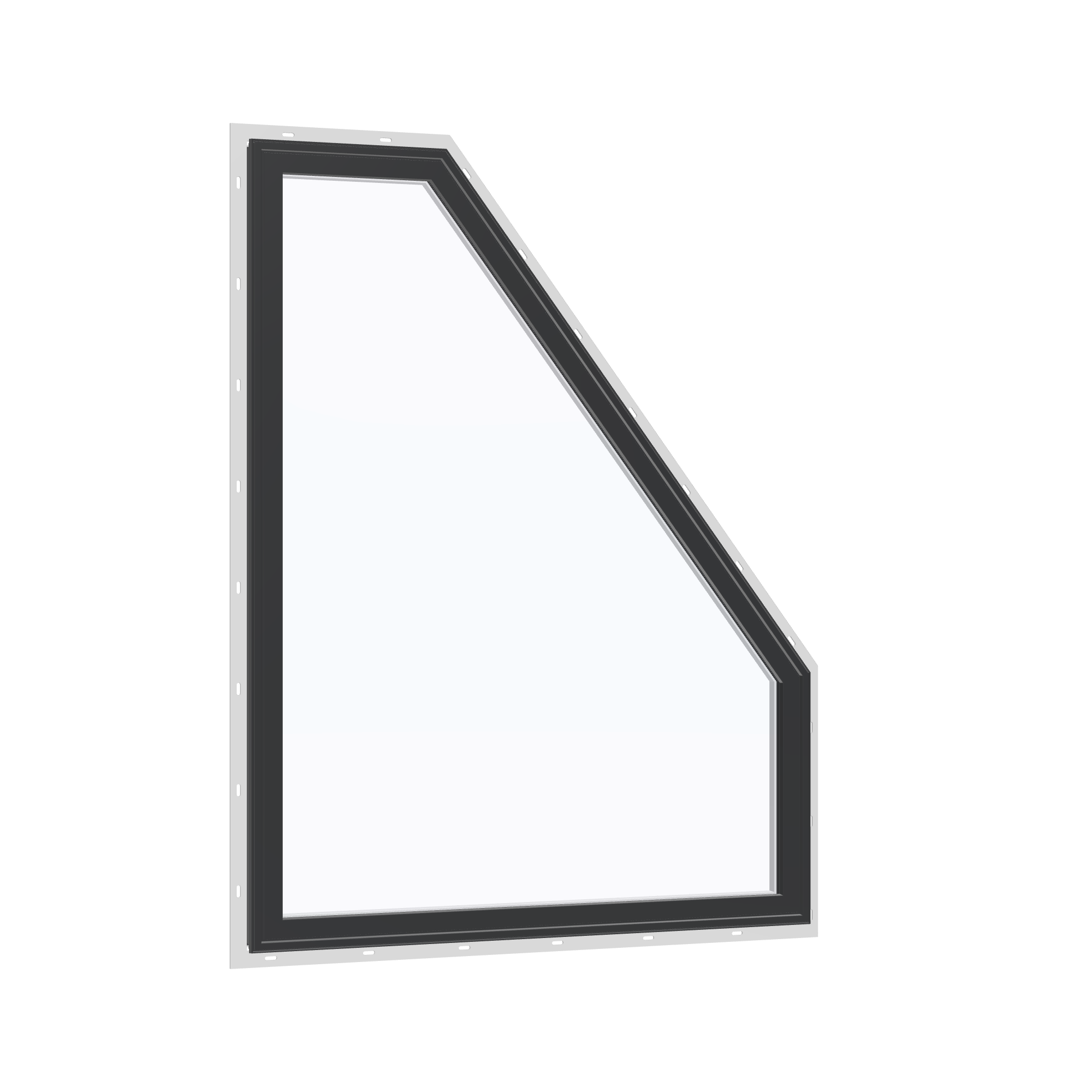 Opposite exterior angle of the 36 × 48 inch polygon (right), black exterior / white interior, with nailing flange