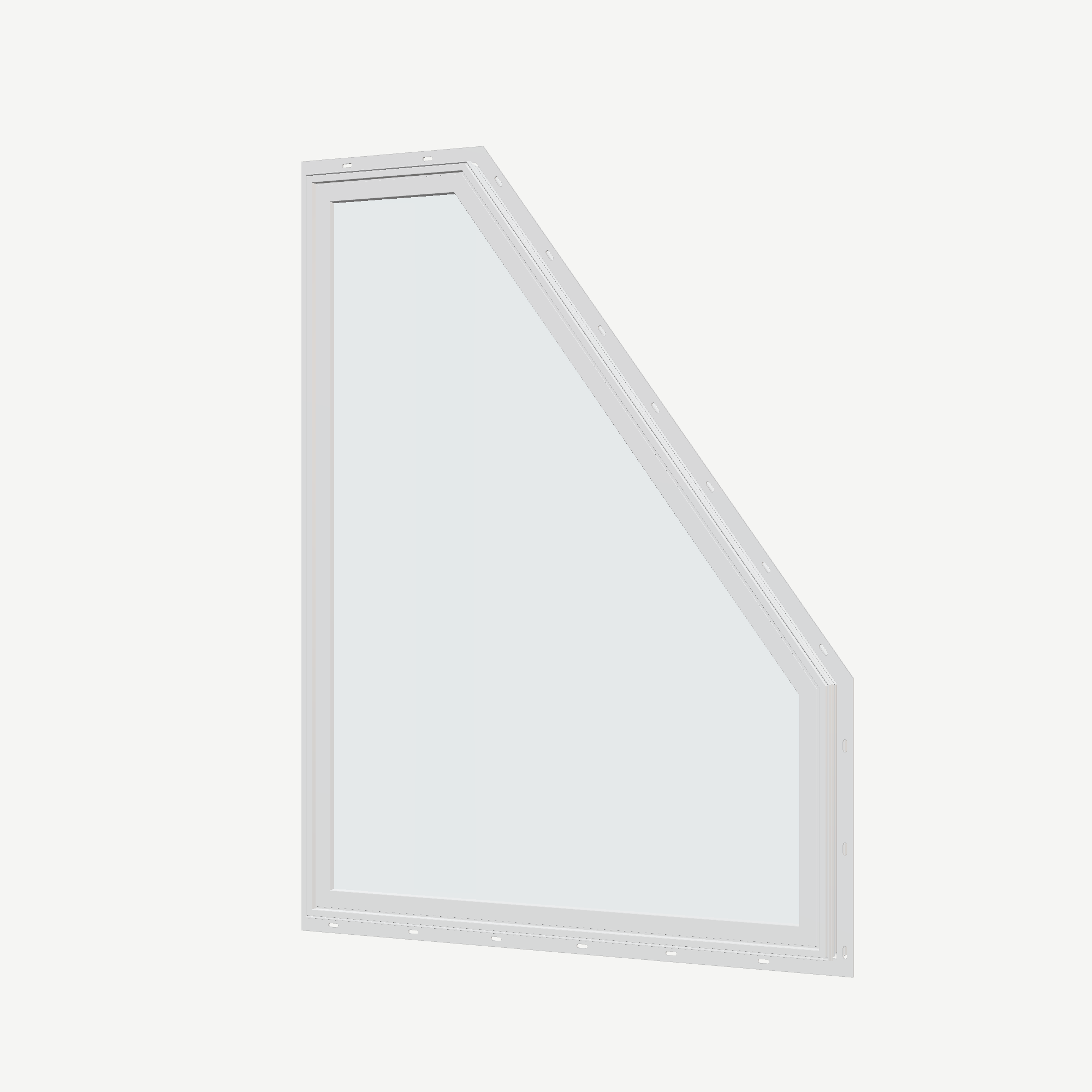 Angled exterior view of the 36 × 48 inch polygon (right), white exterior / white interior, with nailing flange