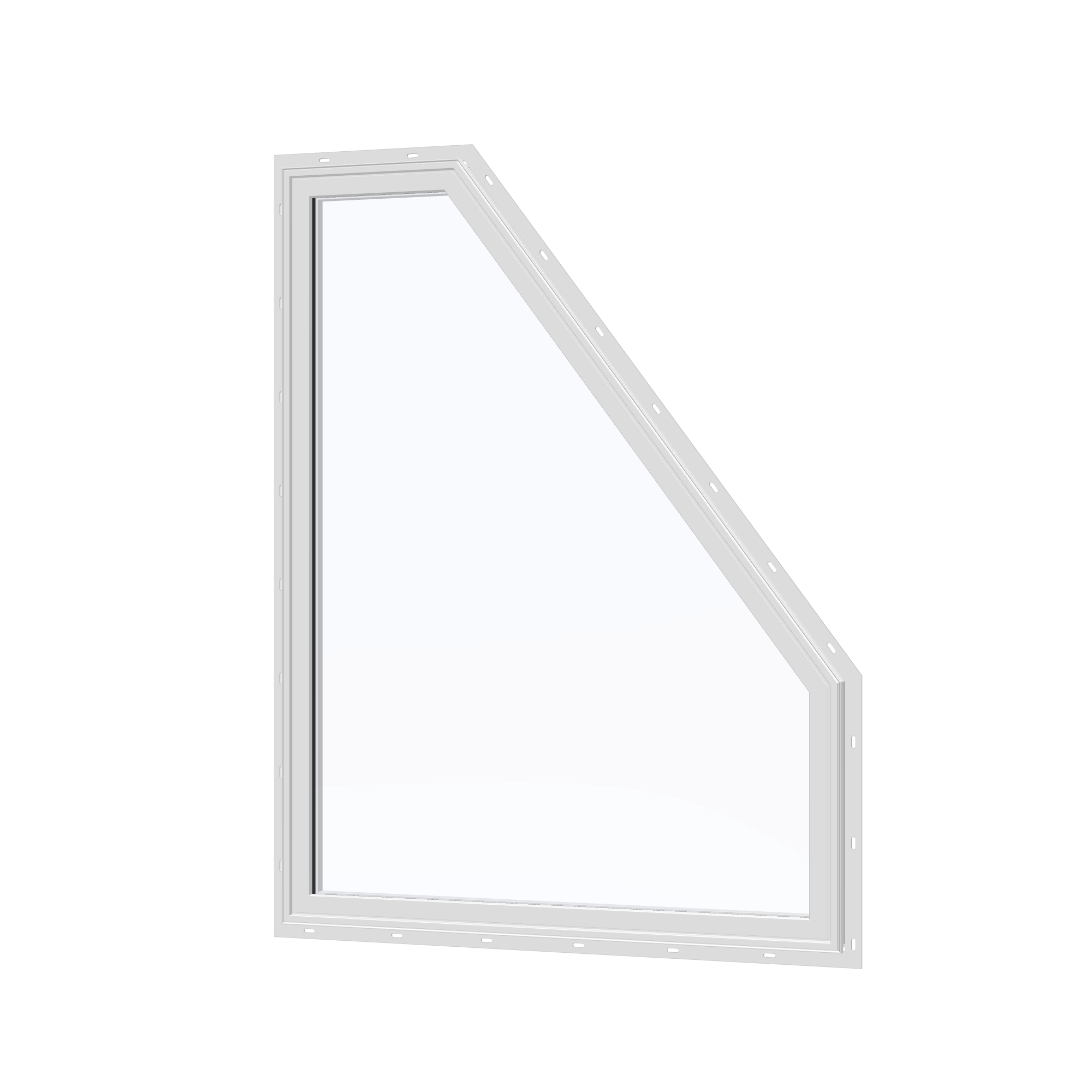 Angled exterior view of the 36 × 48 inch polygon (right), white exterior / white interior, with nailing flange