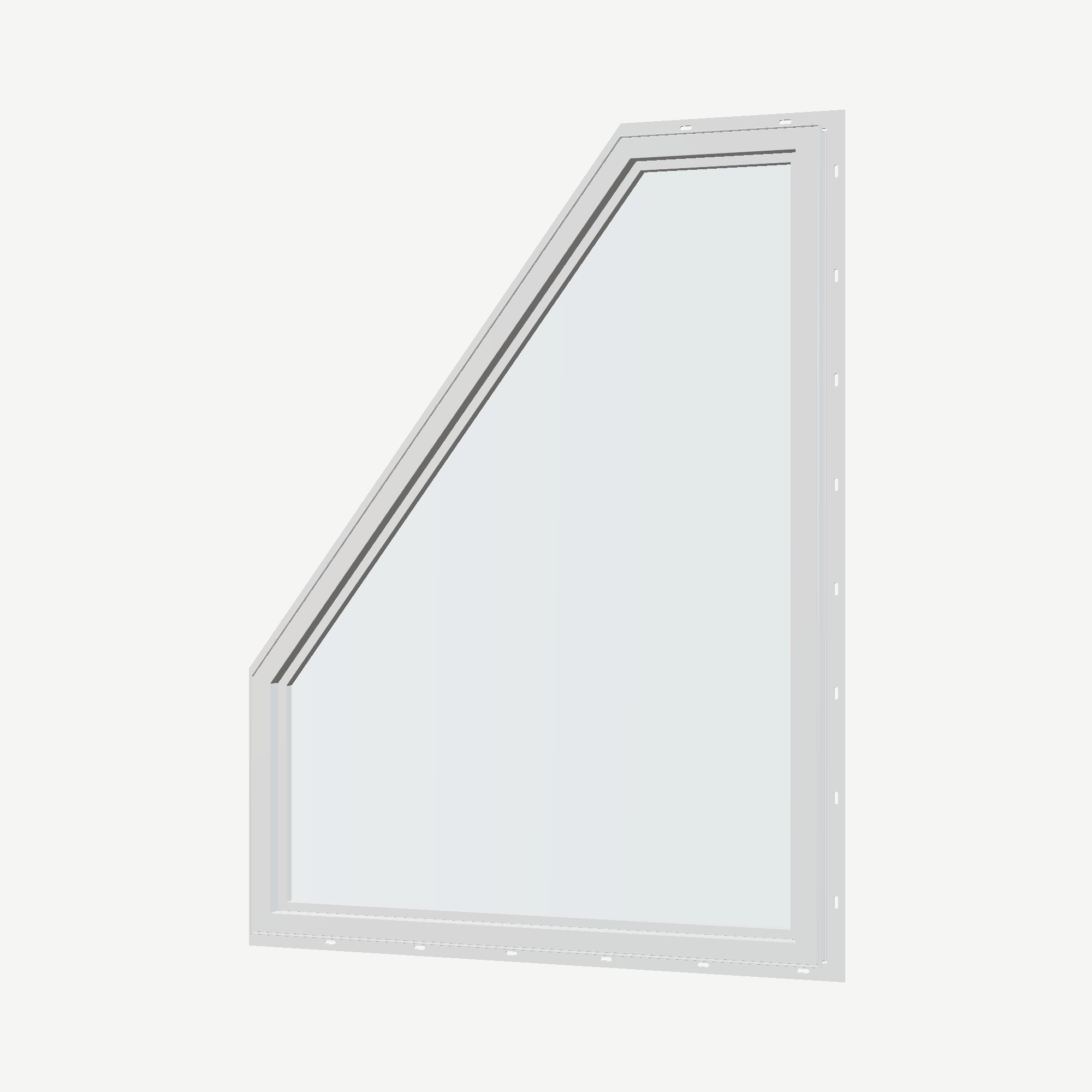 Angled interior view of the 36 × 48 inch polygon (right), white exterior / white interior, with nailing flange