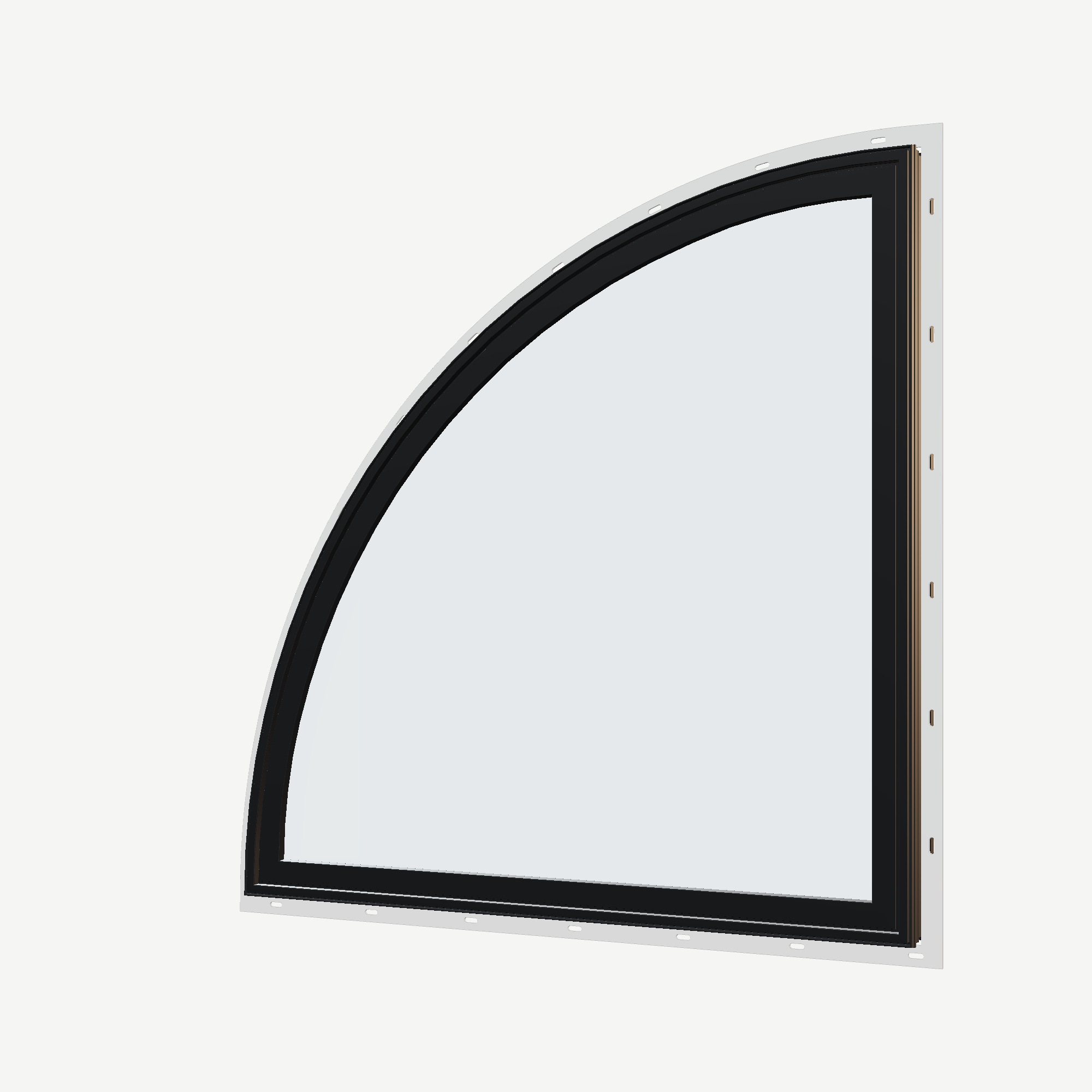 Angled exterior view of the 36 × 36 inch quarter round (left), black exterior / black interior, with nailing flange