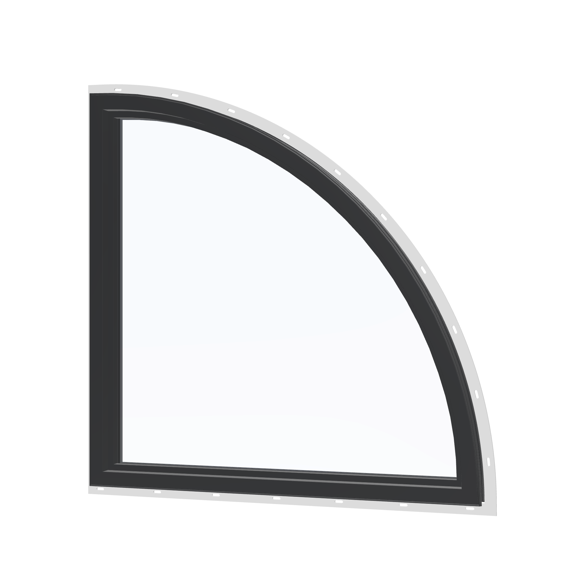 Angled interior view of the 36 × 36 inch quarter round (left), black exterior / black interior, with nailing flange
