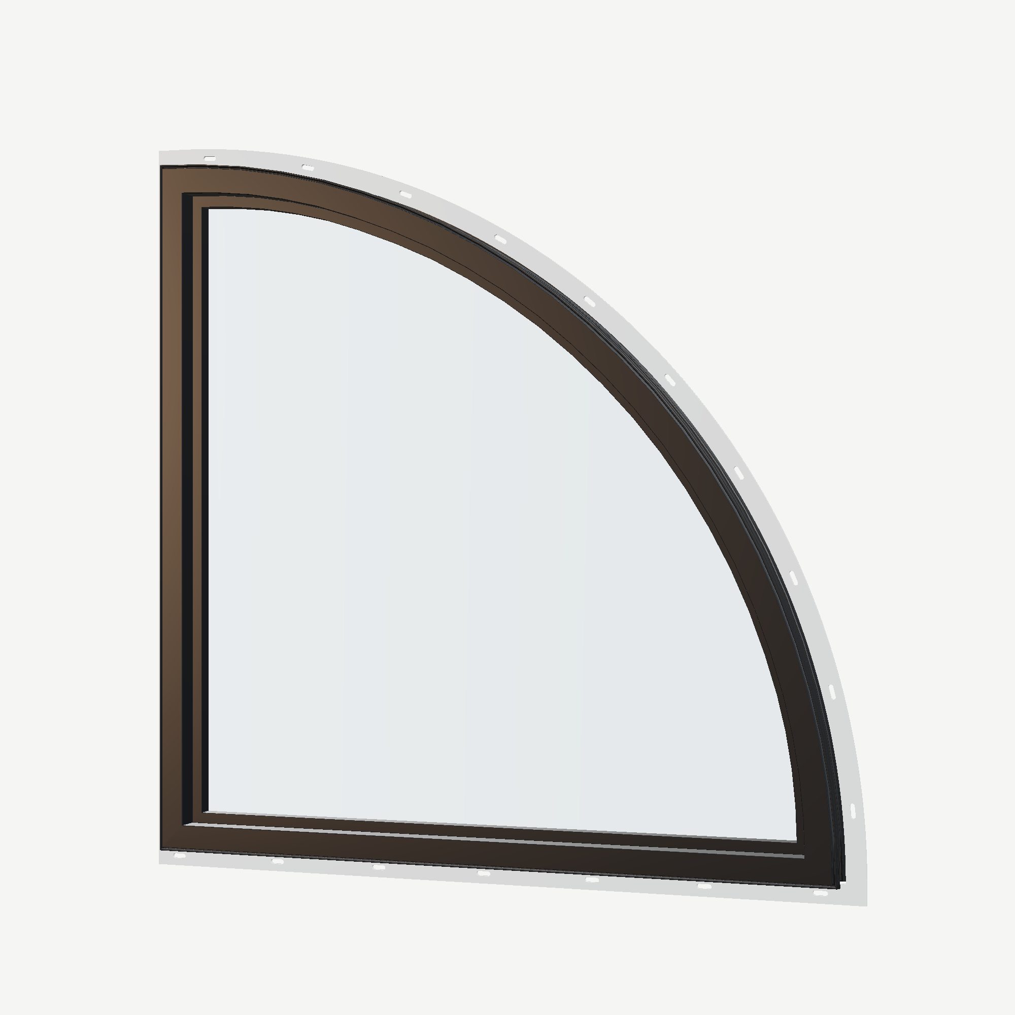Angled interior view of the 36 × 36 inch quarter round (left), black exterior / black interior, with nailing flange