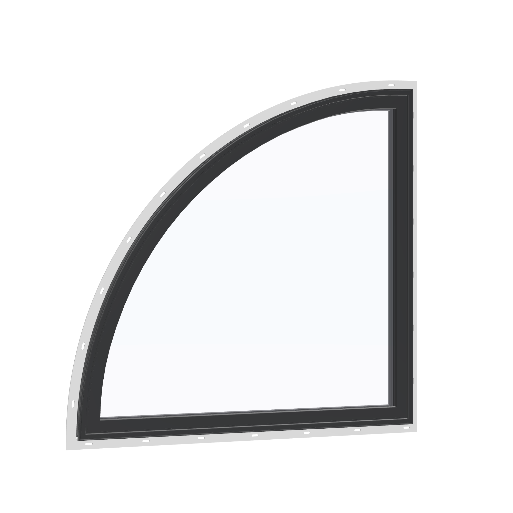 Opposite exterior angle of the 36 × 36 inch quarter round (left), black exterior / black interior, with nailing flange