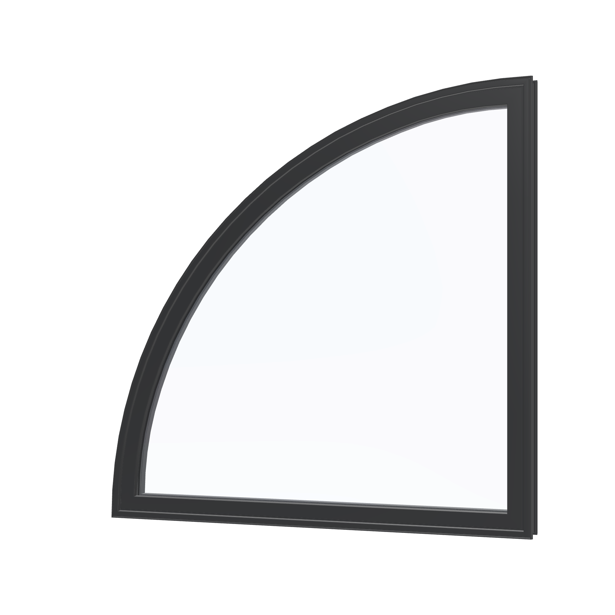 Angled exterior view of the 36 × 36 inch quarter round (left), black exterior / black interior, without nailing flange