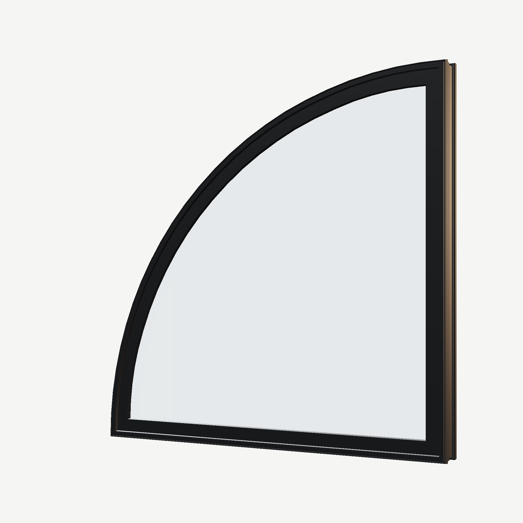 Angled exterior view of the 36 × 36 inch quarter round (left), black exterior / black interior, without nailing flange
