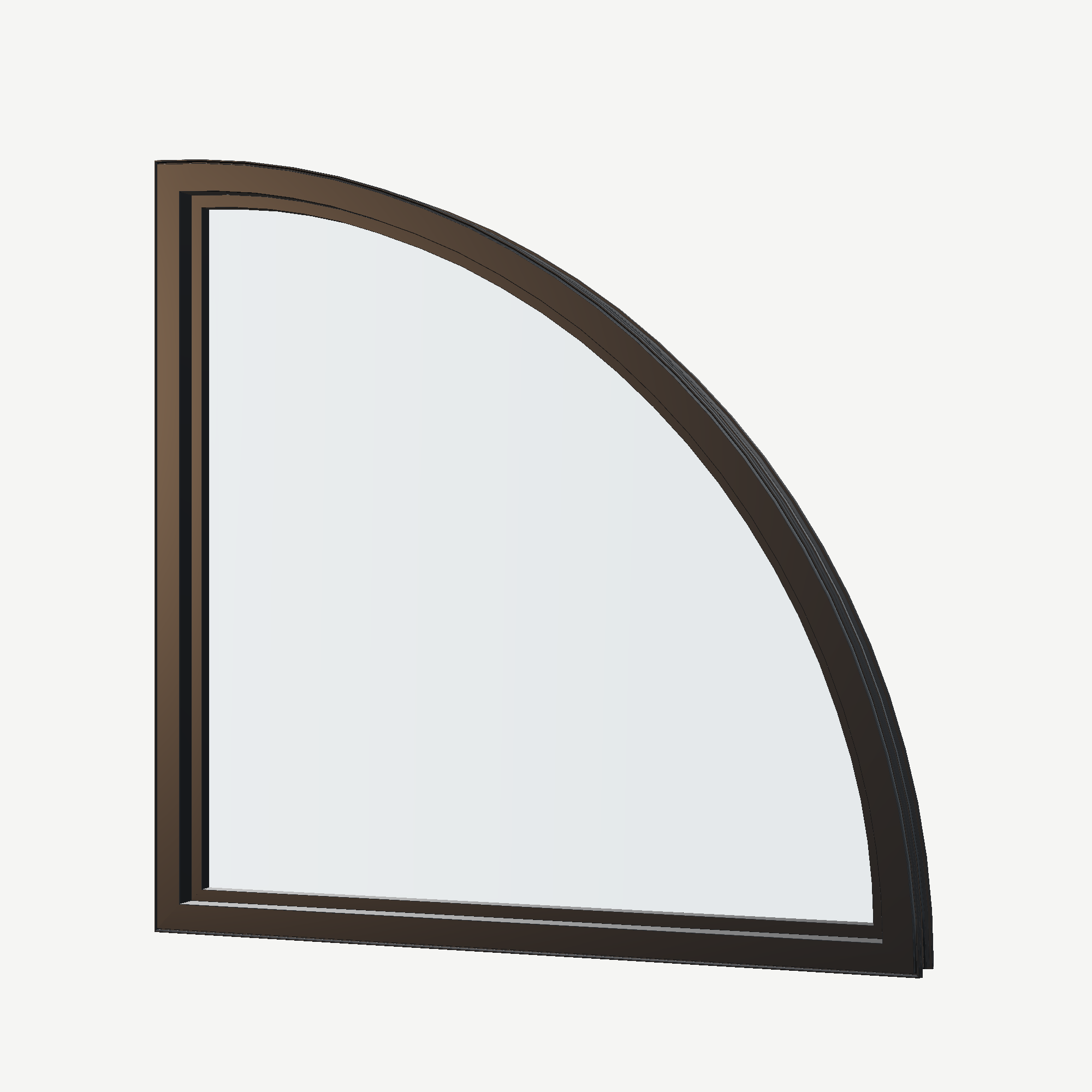 Angled interior view of the 36 × 36 inch quarter round (left), black exterior / black interior, without nailing flange