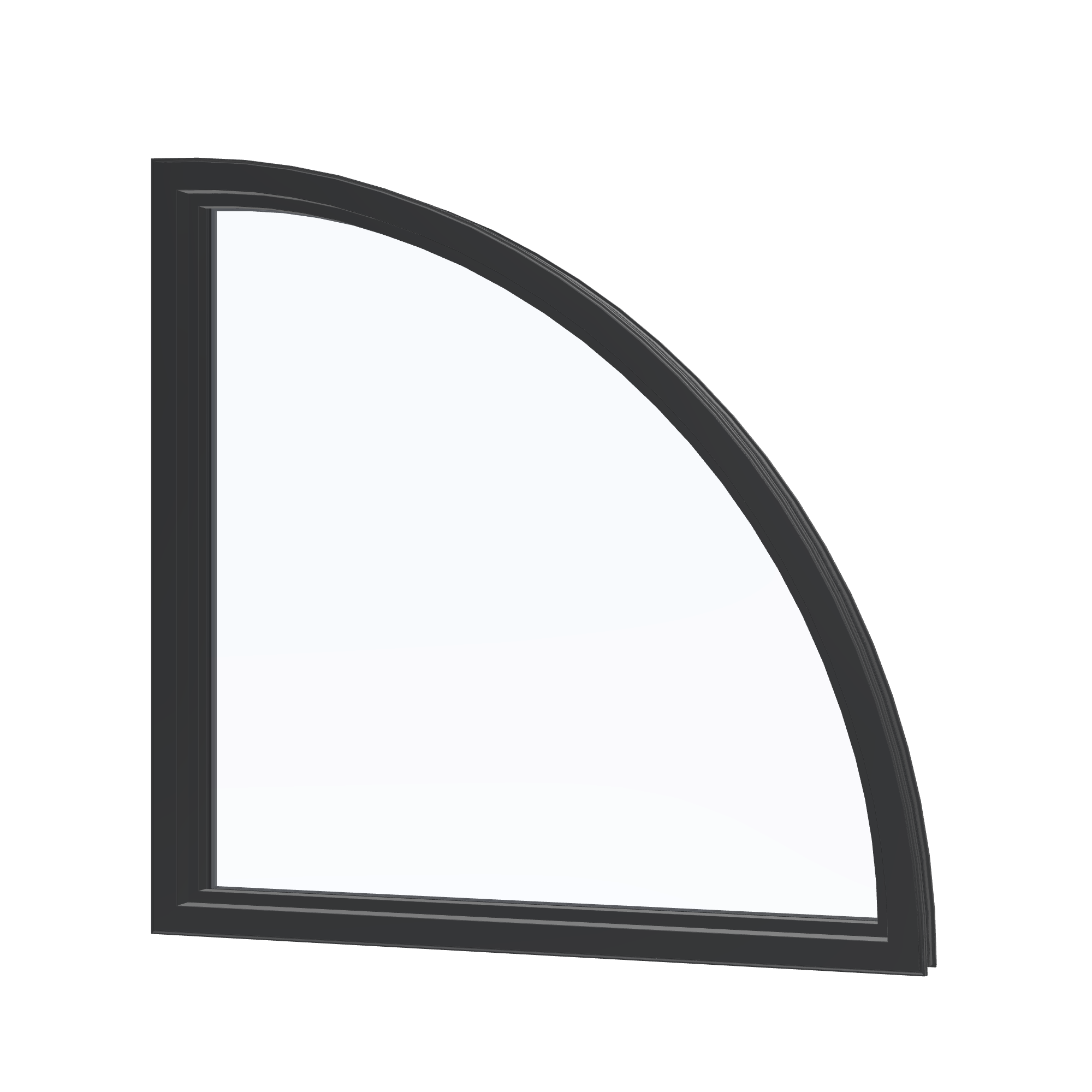 Angled interior view of the 36 × 36 inch quarter round (left), black exterior / black interior, without nailing flange