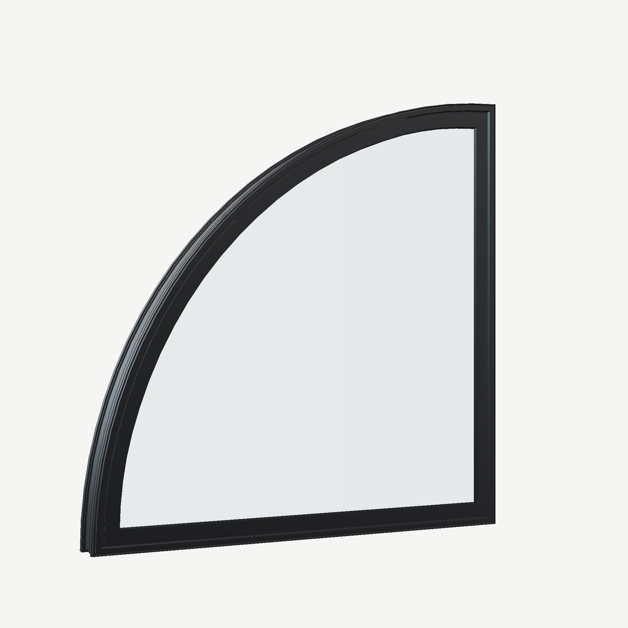 Opposite exterior angle of the 36 × 36 inch quarter round (left), black exterior / black interior, without nailing flange