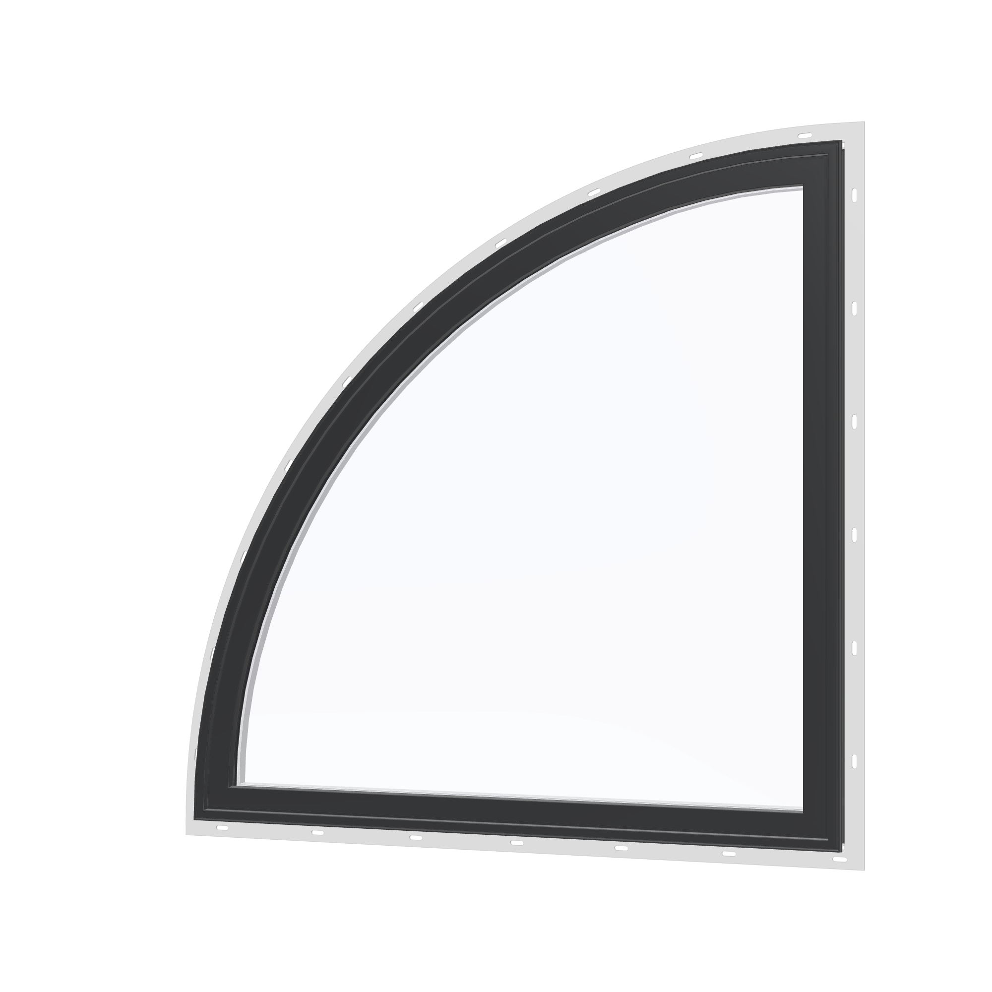Angled exterior view of the 36 × 36 inch quarter round (left), black exterior / white interior, with nailing flange