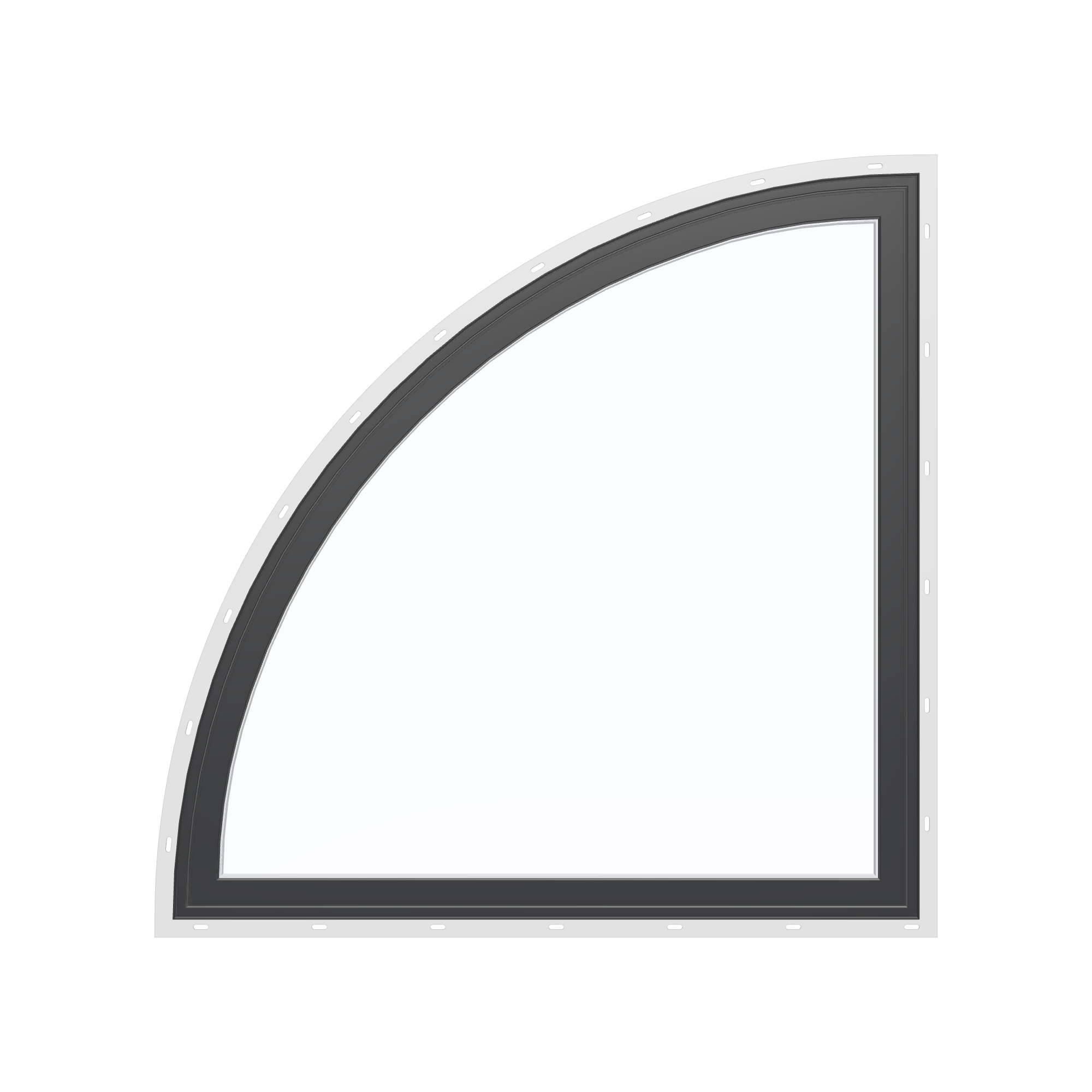 Straight exterior view of the 36 × 36 inch quarter round (left), black exterior / white interior, with nailing flange