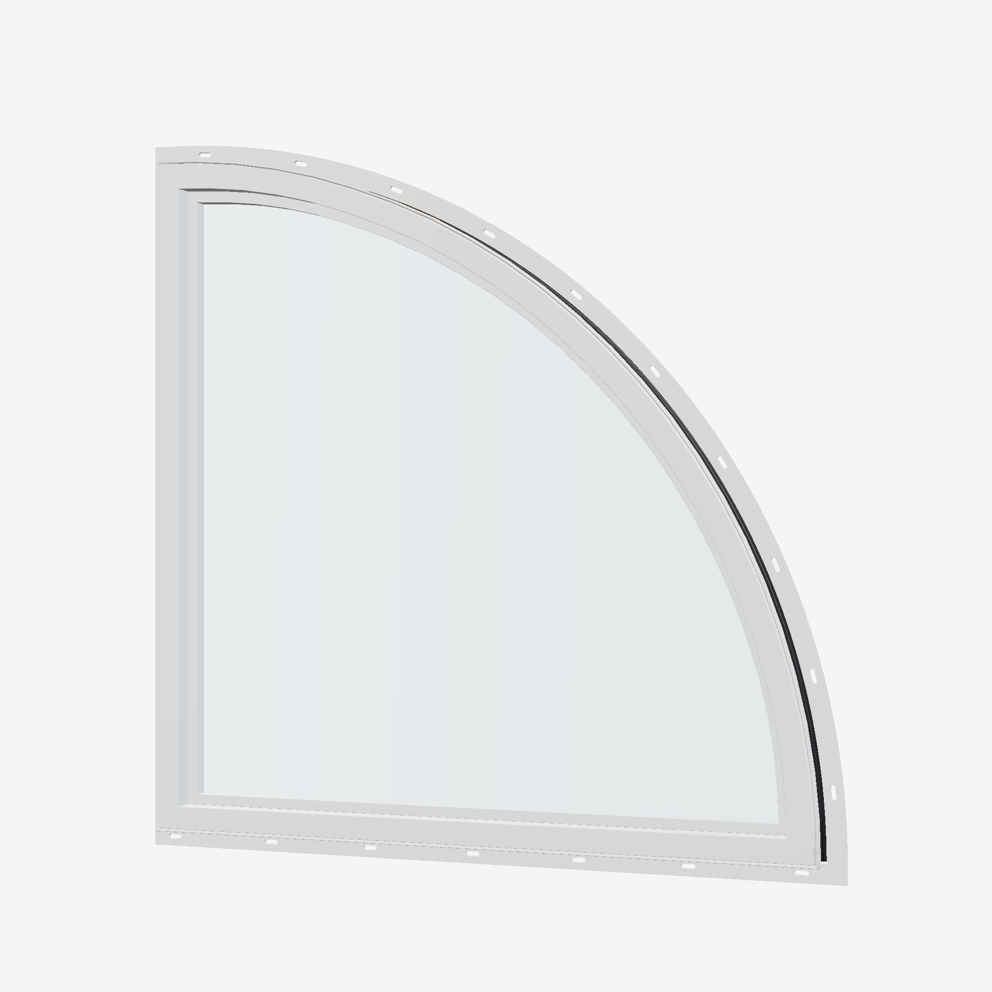 Angled interior view of the 36 × 36 inch quarter round (left), black exterior / white interior, with nailing flange