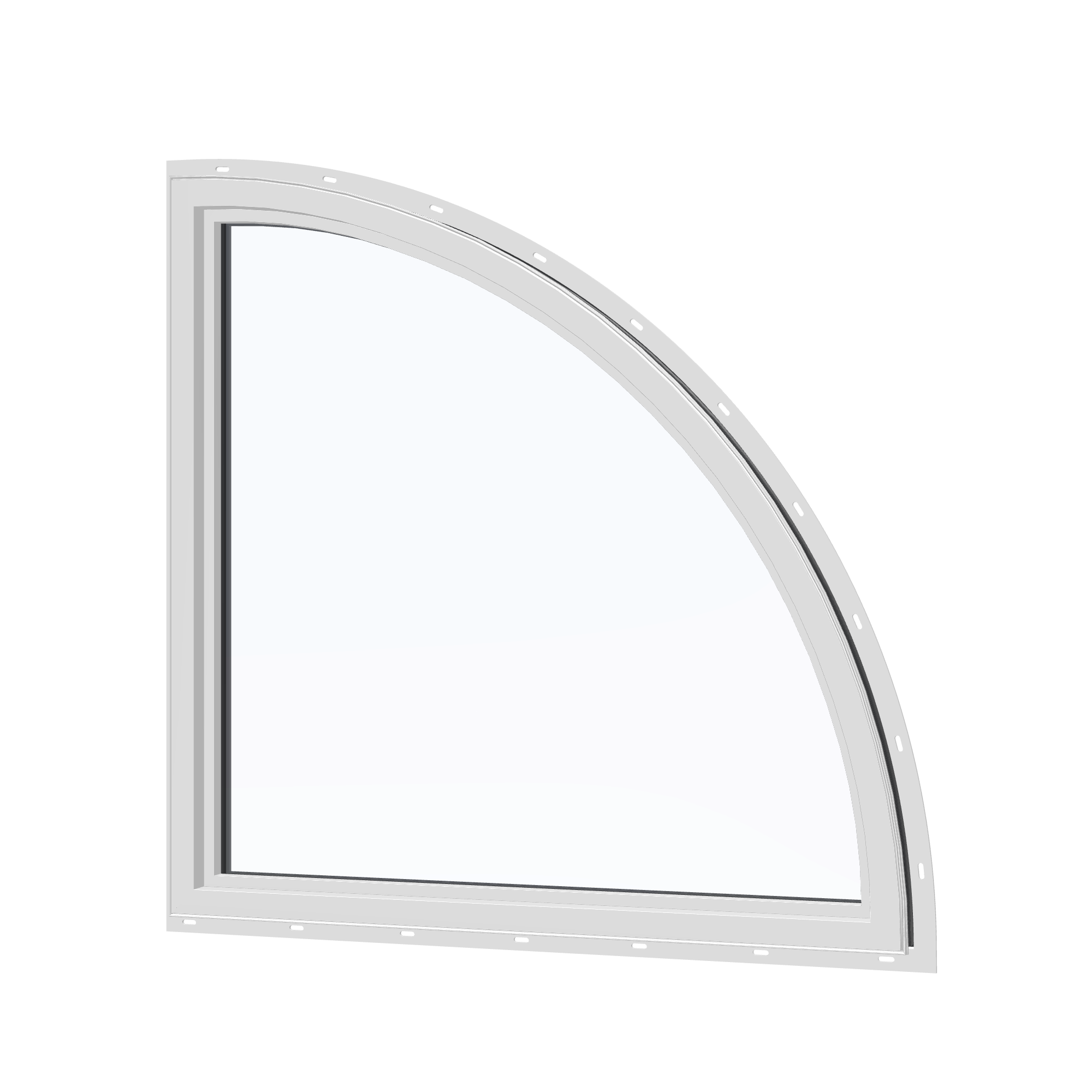 Angled interior view of the 36 × 36 inch quarter round (left), black exterior / white interior, with nailing flange