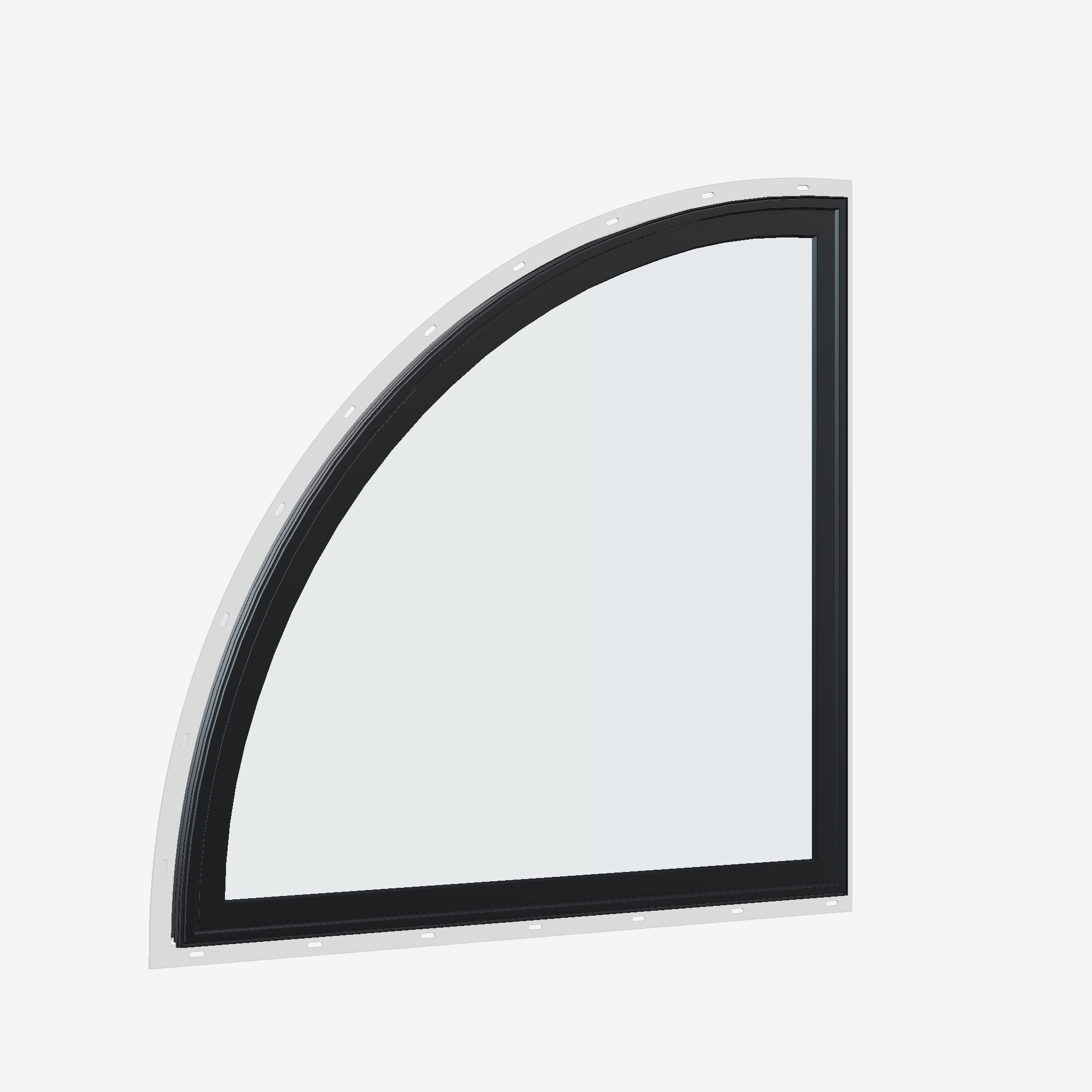Opposite exterior angle of the 36 × 36 inch quarter round (left), black exterior / white interior, with nailing flange