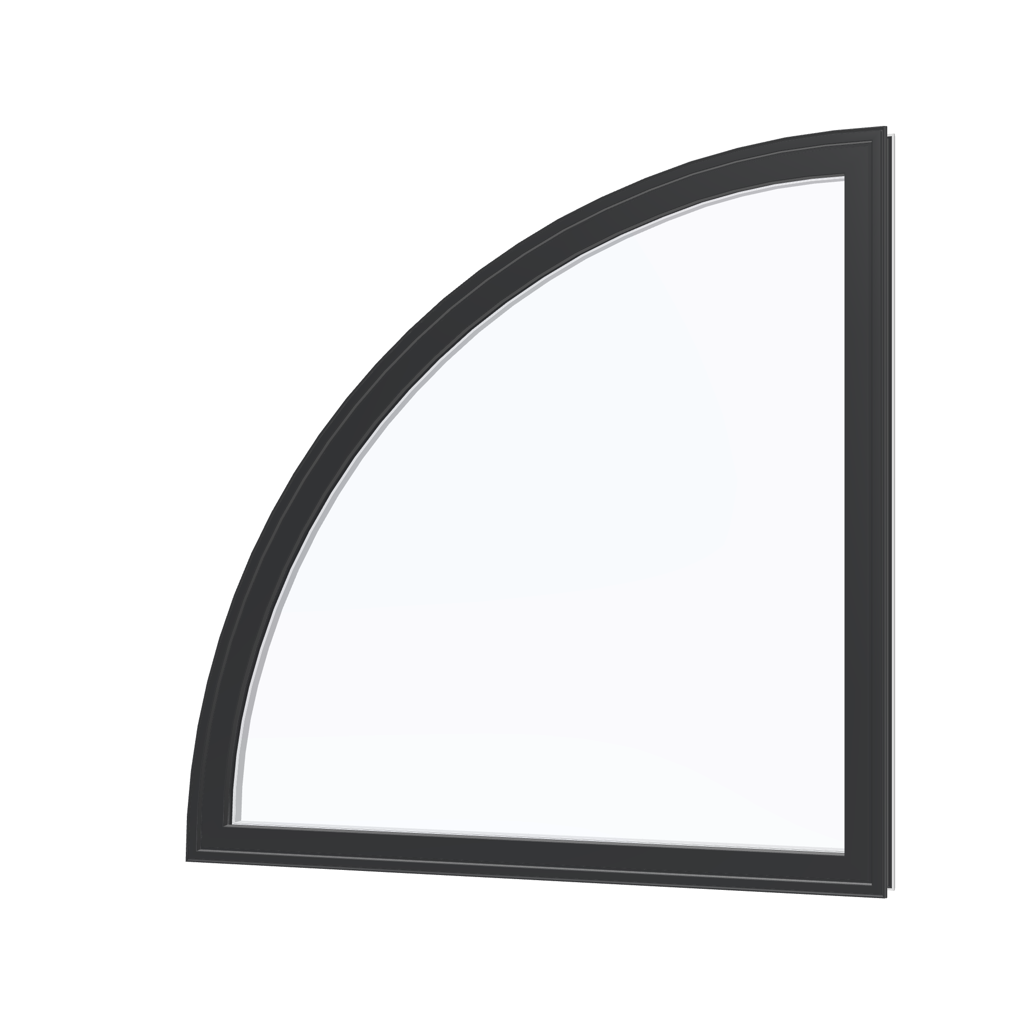 Angled exterior view of the 36 × 36 inch quarter round (left), black exterior / white interior, without nailing flange