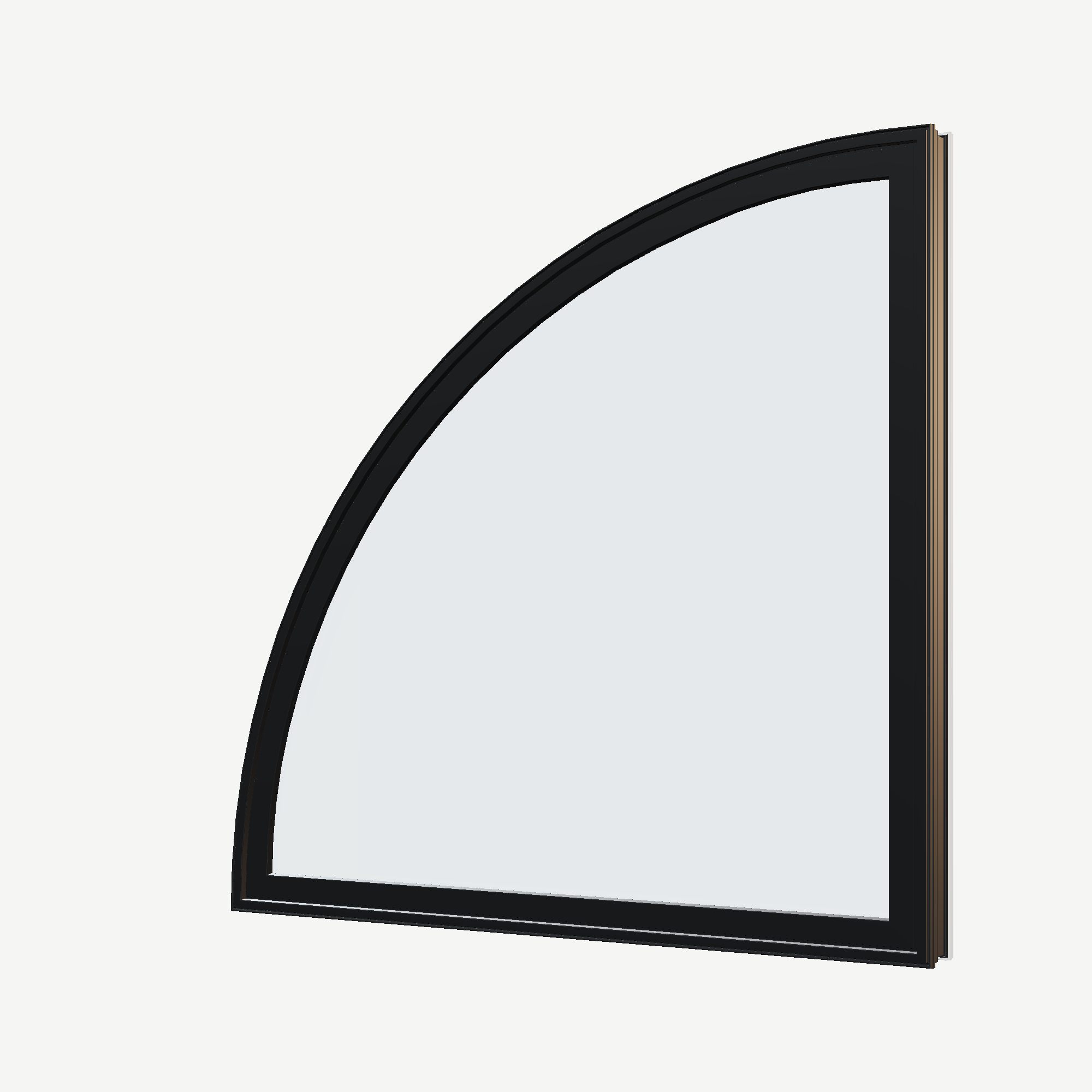 Angled exterior view of the 36 × 36 inch quarter round (left), black exterior / white interior, without nailing flange