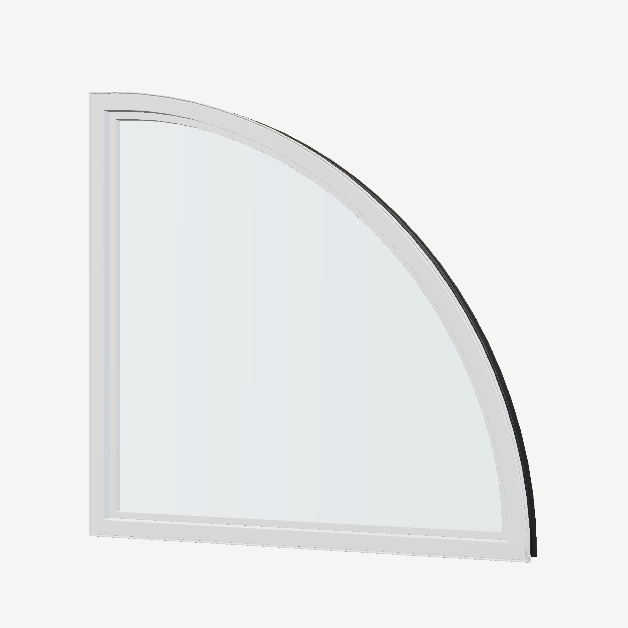 Angled interior view of the 36 × 36 inch quarter round (left), black exterior / white interior, without nailing flange