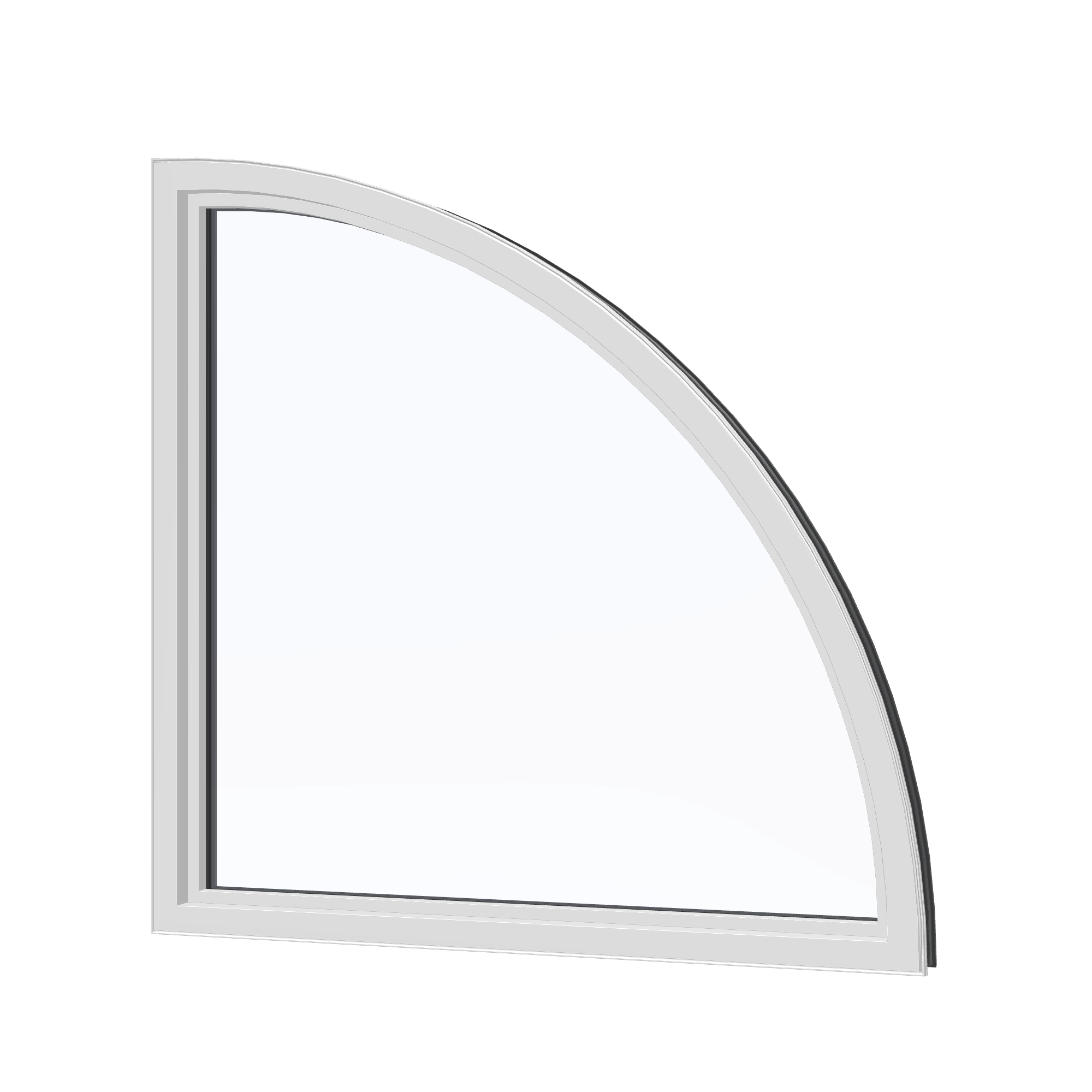 Angled interior view of the 36 × 36 inch quarter round (left), black exterior / white interior, without nailing flange