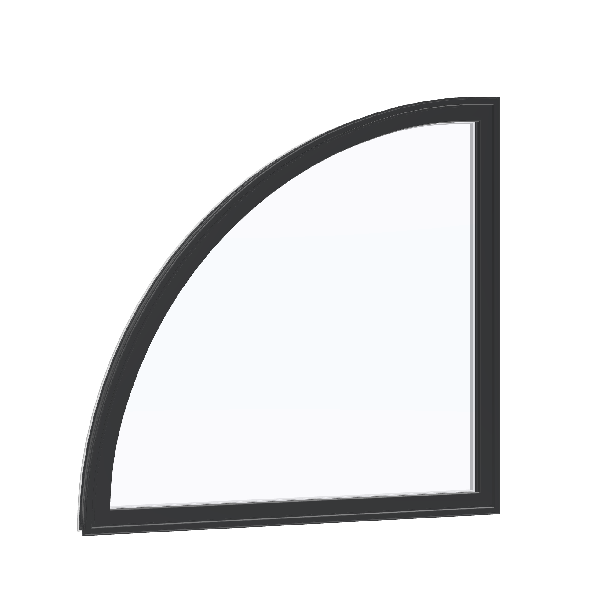 Opposite exterior angle of the 36 × 36 inch quarter round (left), black exterior / white interior, without nailing flange