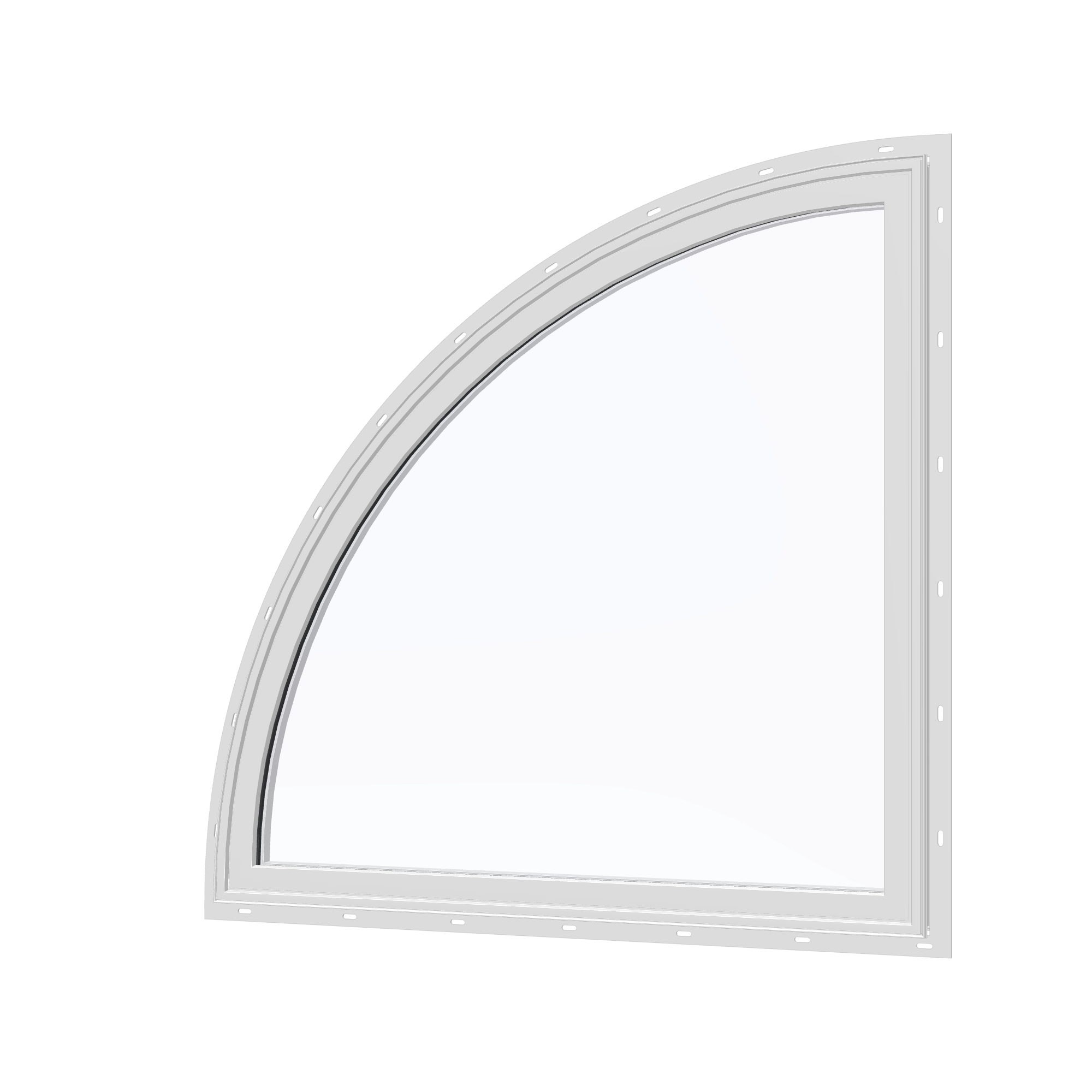 Angled exterior view of the 36 × 36 inch quarter round (left), white exterior / white interior, with nailing flange