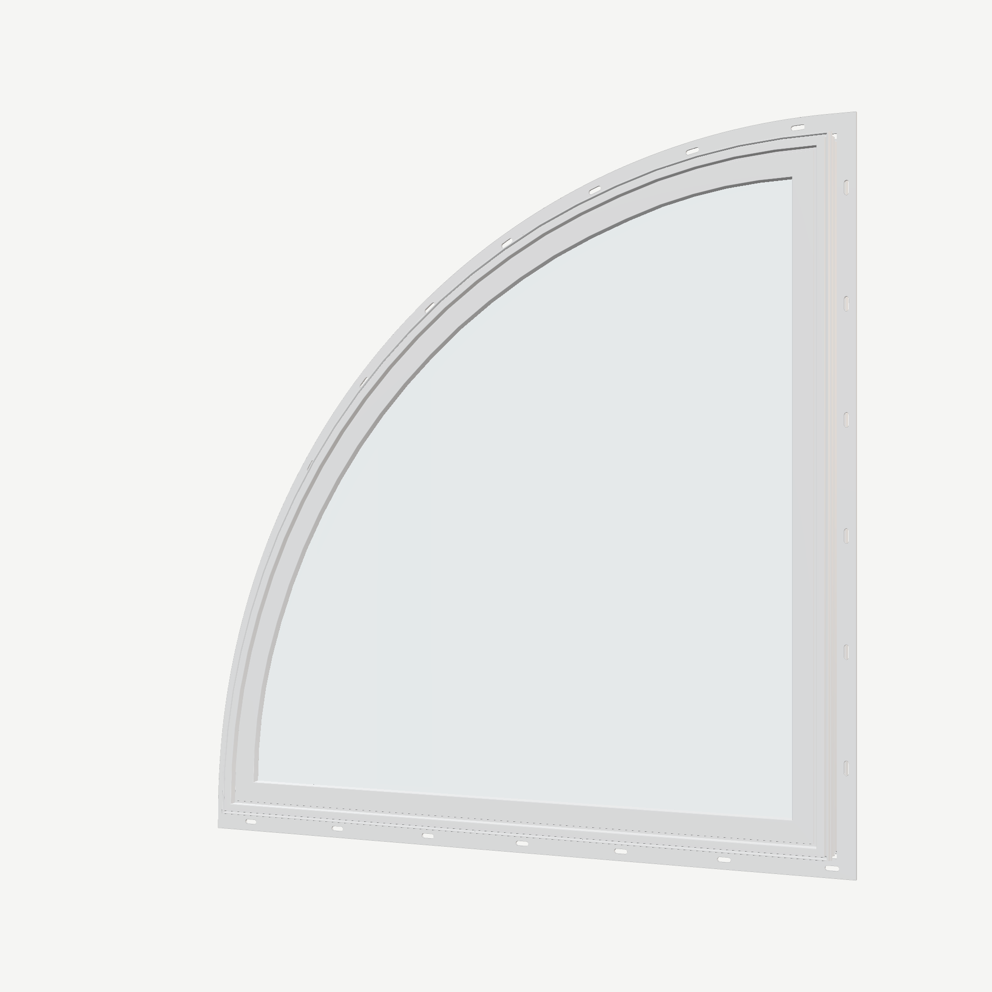 Angled exterior view of the 36 × 36 inch quarter round (left), white exterior / white interior, with nailing flange