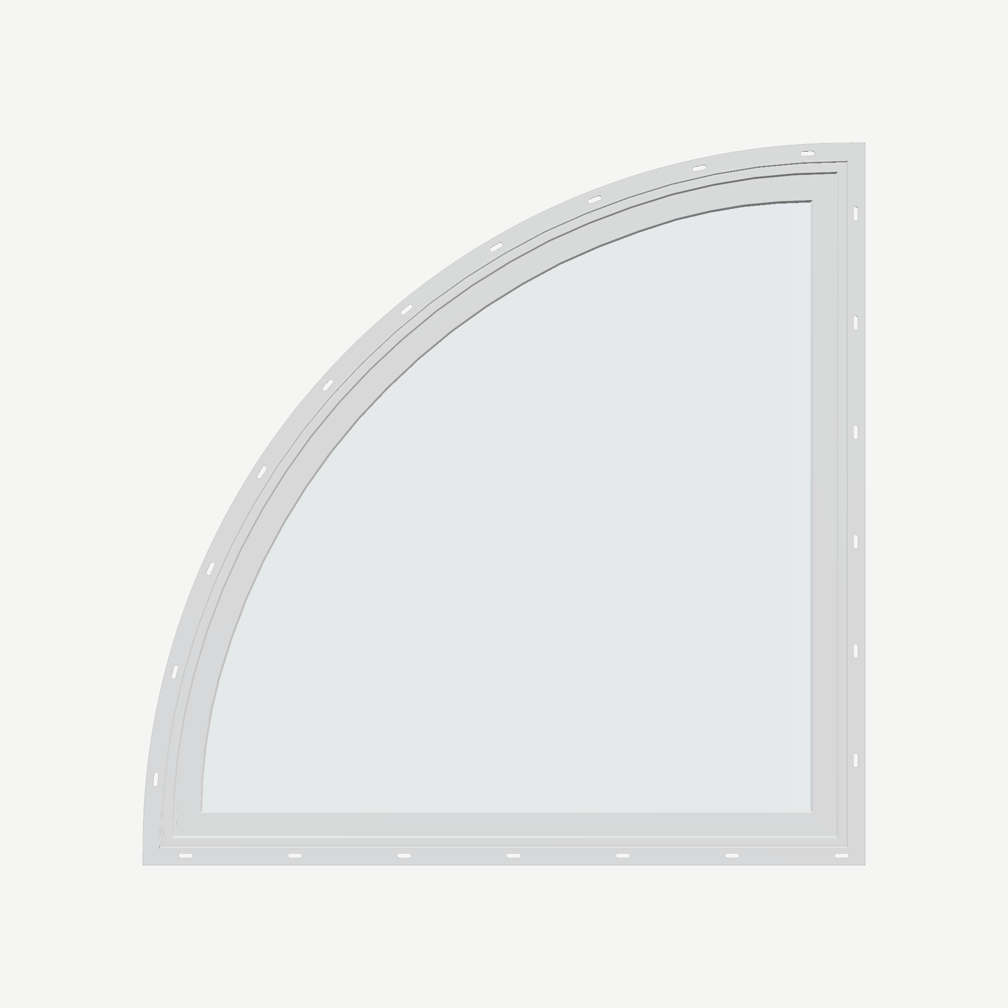 Straight exterior view of the 36 × 36 inch quarter round (left), white exterior / white interior, with nailing flange